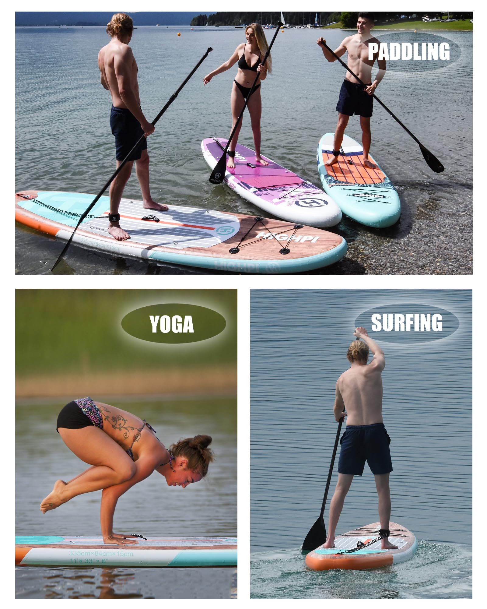 Highpi Inflatable Stand Up Paddle Board 11'x33''x6'' - Premium SUP with Backpack, Adjustable Paddle, Pump & Leash - Wide Stance & Non-Slip Deck for Surf Control - Perfect for Lakes, Oceans & Rivers - Youth & Adult Inflatable Paddle Board for Recreation & Fitness