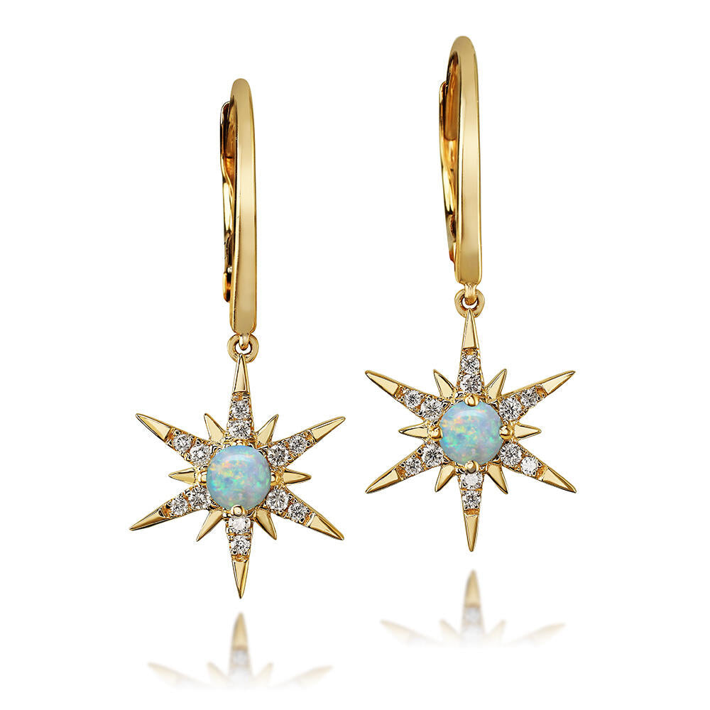 14K Gold Australian Opal & Diamond Star Earrings for Women – Elegant Dangle Earrings for Wedding, Party & Special Occasions
