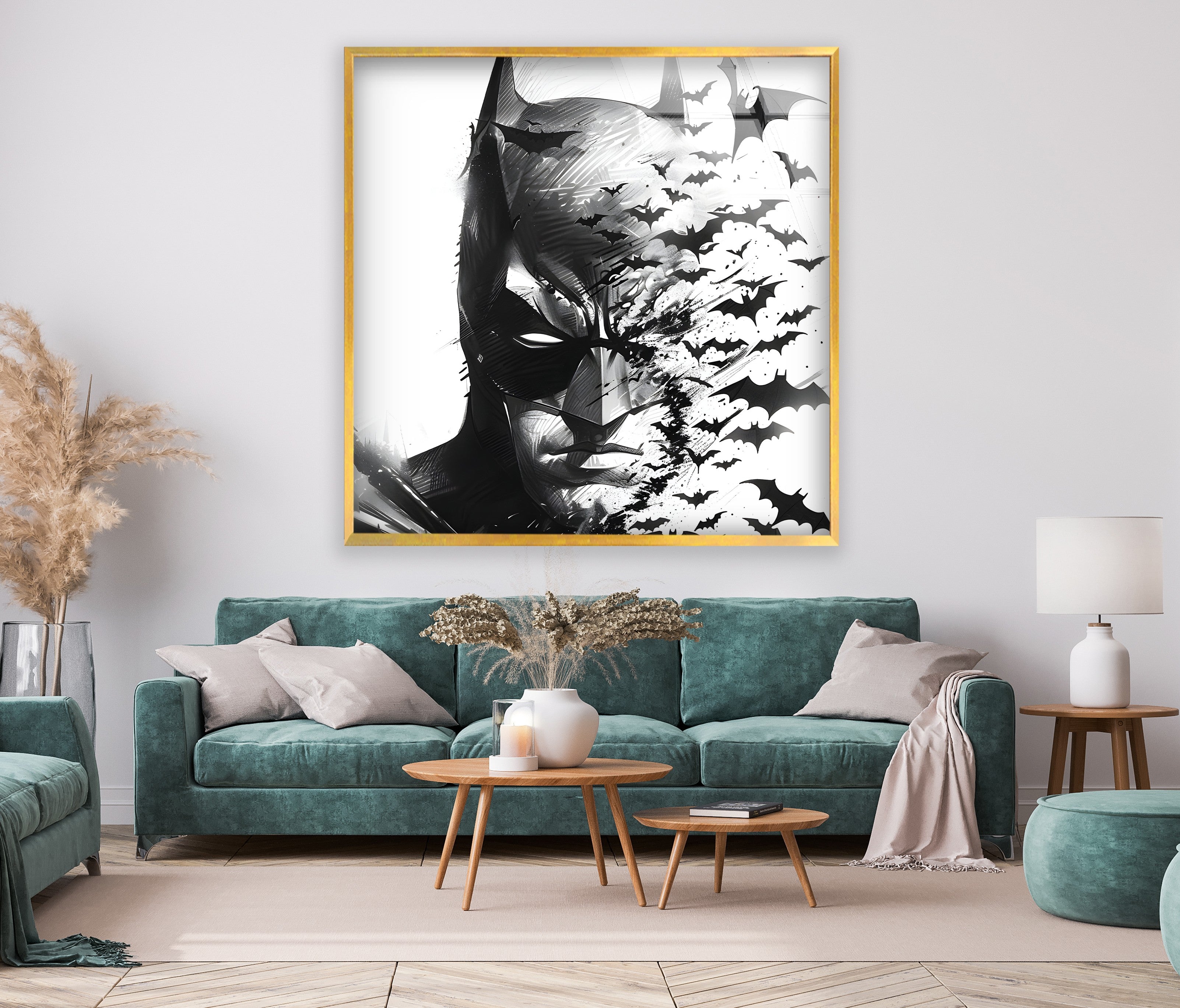 Batman Black and White Portrait Wall Art - Gothic Superhero Decor with Bats on Glass - Perfect for Man Cave, Home Theater & Superhero Bedroom Decor