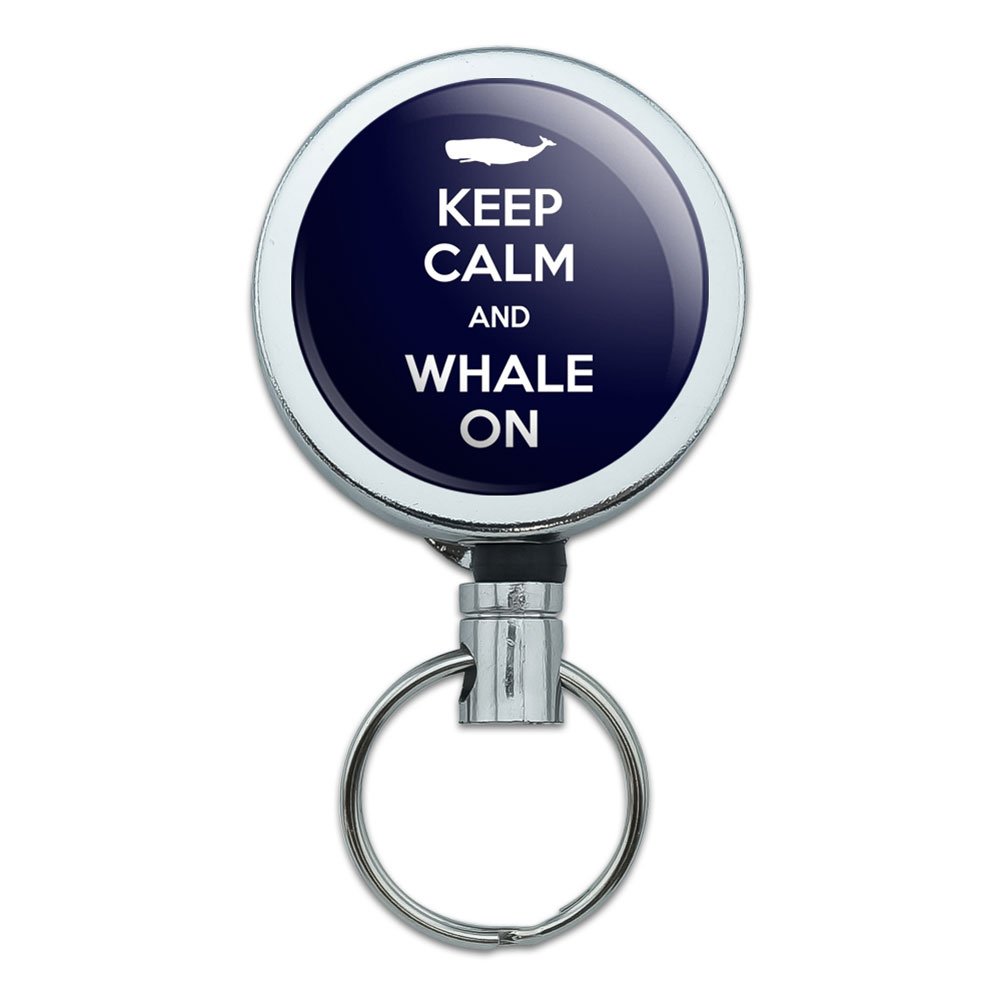 Retractable Metal ID Badge Holder with Belt Clip - Keep Calm & Whale On Humpback Design - Perfect for Office, School, and Work Security Access