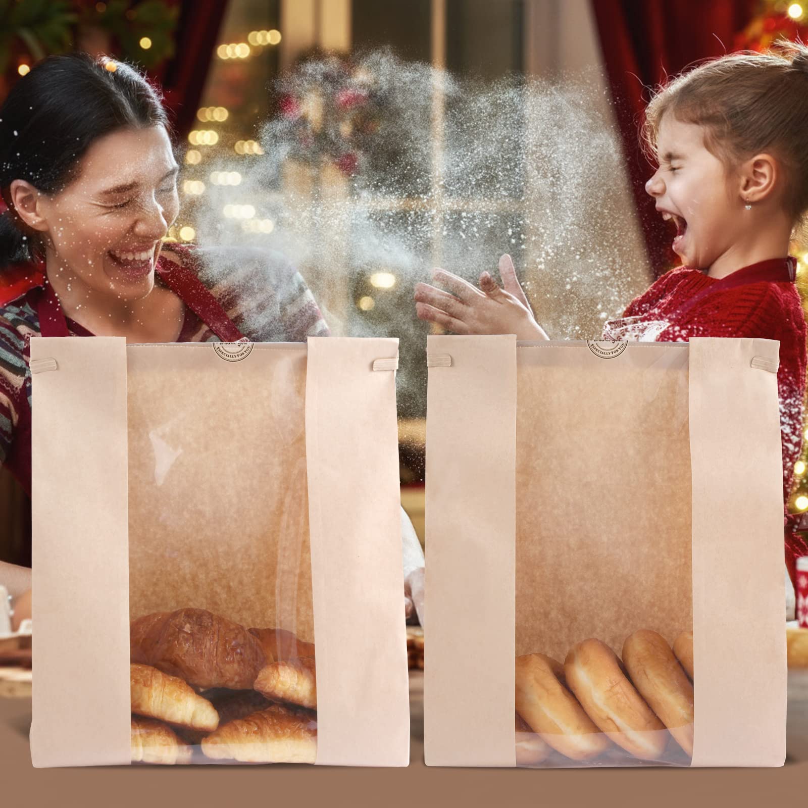 50-Pack Brown Bakery Bags with Window - 13.8 x 9.4 Inch Large Paper Bread Bags with Tin Tie Closure for Homemade Bread, Cookies, Coffee & Treats | Perfect for Bakeries, Cafés & Home Baking Gifts