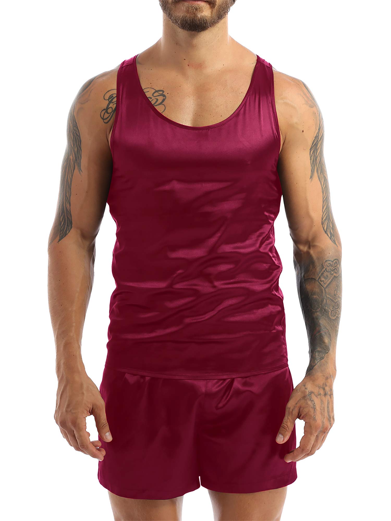 FEESHOW Men's Satin Pajama Set - Breathable Sleepwear Vest & Shorts for Lounge, Travel & Home Comfort | Summer Nightwear for Men