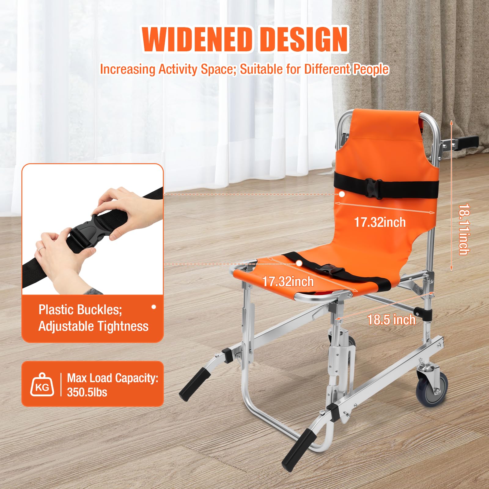 EMS Stair Chair - 350 Lbs Capacity Medical Evacuation & Patient Transfer Chair with 2 Wheels & Adjustable Straps - Foldable Ambulance Transport for Emergency Staircase Rescue & Home Mobility Assistance