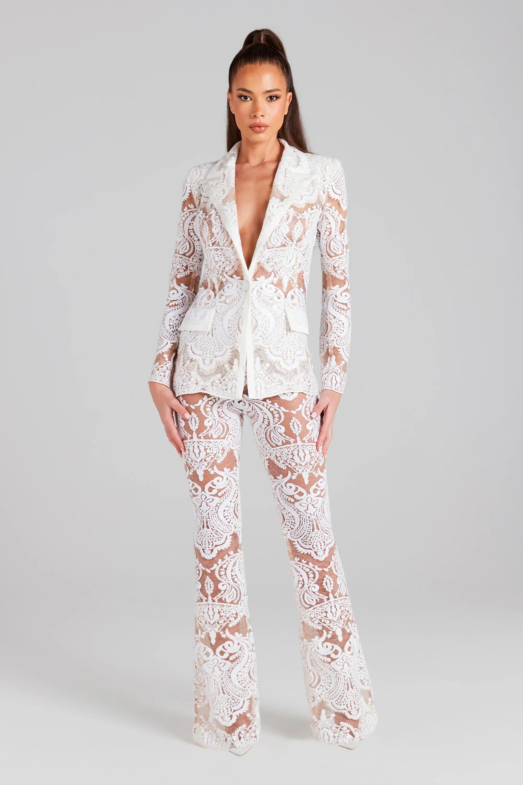 2023 Women's White Lace 2-Piece Outfit - Sexy See-Through Suit Coat & Flare Pants Set for Evening Parties, Date Nights & Special Occasions