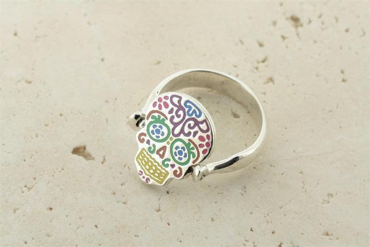 Enameled Silver Flip Ring - Day of the Dead Inspired Jewelry for Women | Perfect for Halloween, Dia de los Muertos Celebrations & Gothic Fashion