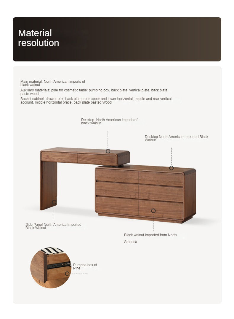 Solid Black Walnut Wood Dressing Table with Drawers - Elegant Vanity Desk for Bedroom, Makeup & Jewelry Storage
