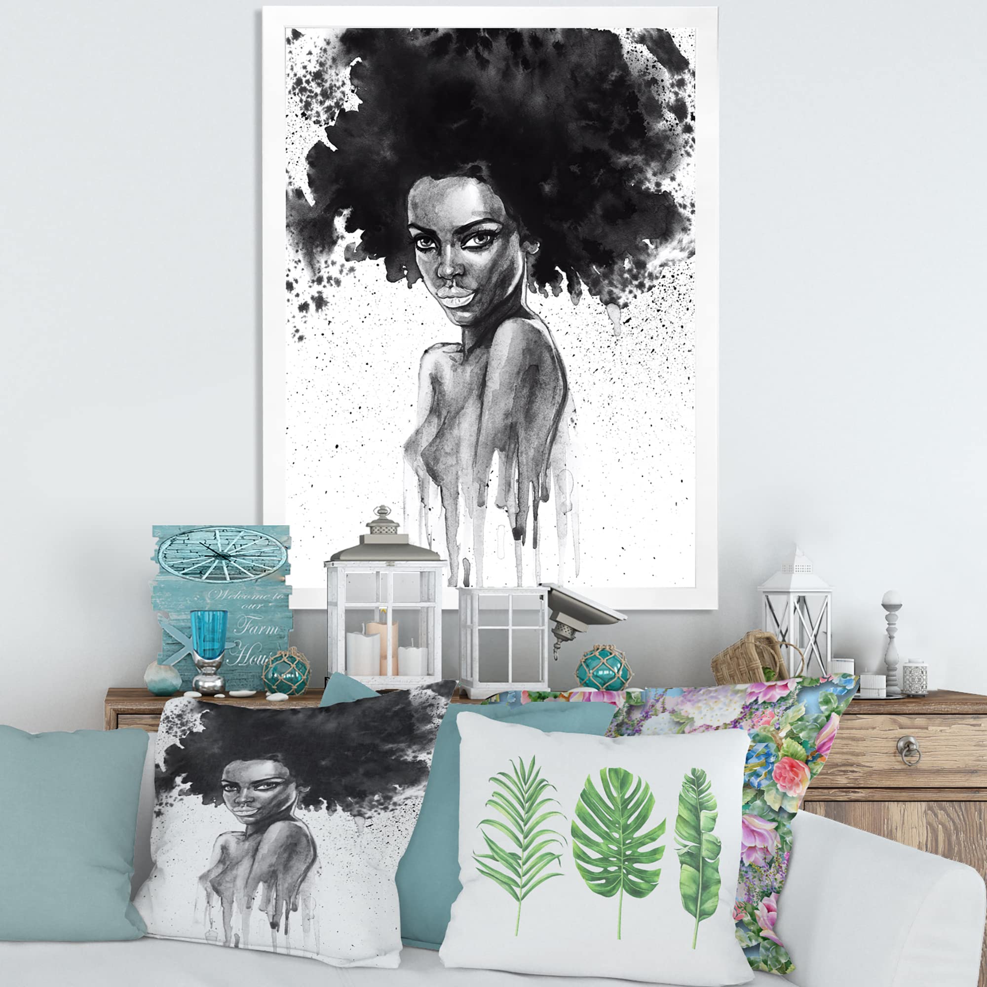 DesignQ Black and White Portrait of African American Woman - Modern Framed Wall Art Decor for Living Room, Bedroom & Office