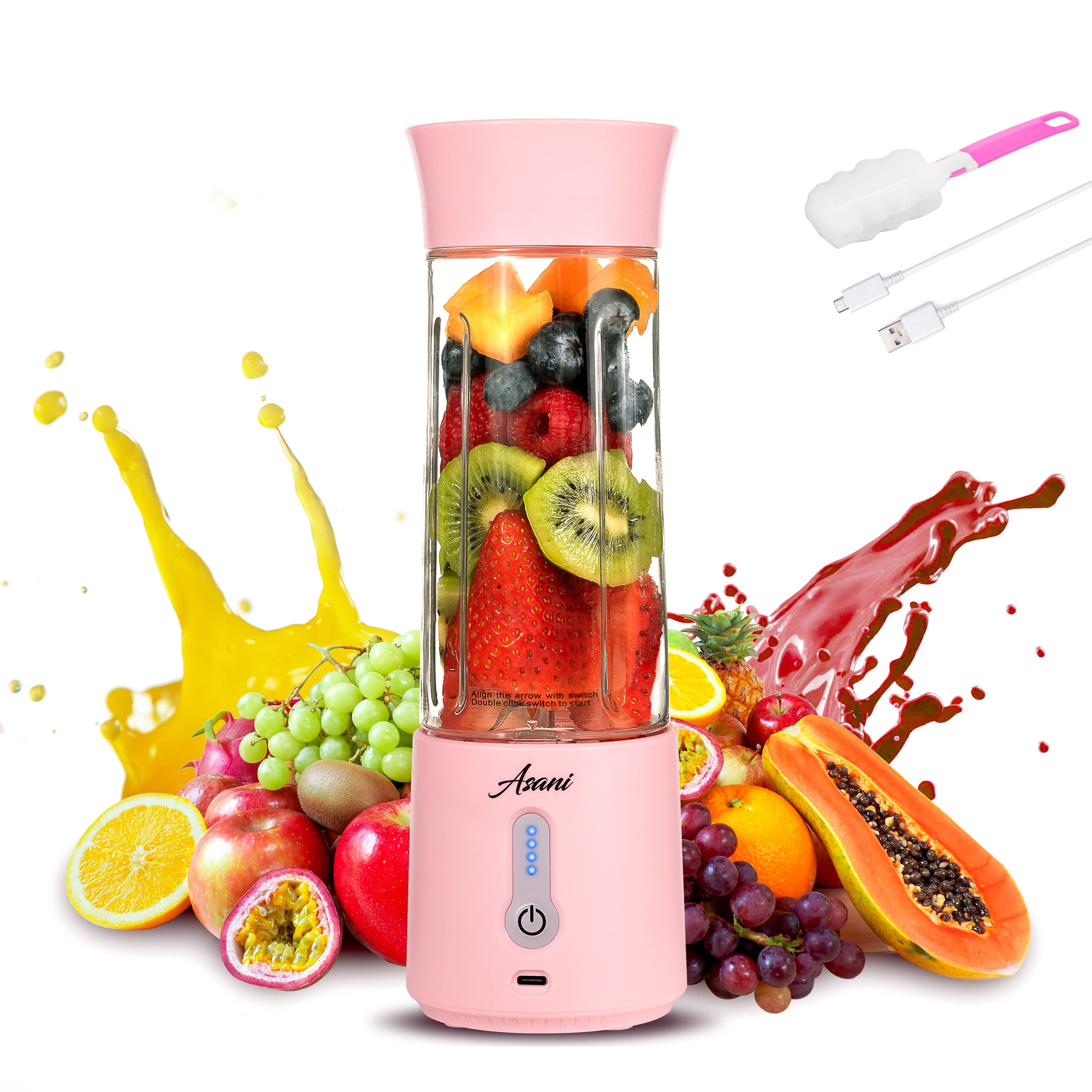 Asani Portable USB Rechargeable Blender - 350W Powerful Motor & Stainless Steel Blades for Smoothies, Protein Shakes, Juices - Compact Mini Blender for Travel, Camping, Gym, Office & Home Use (Pink)