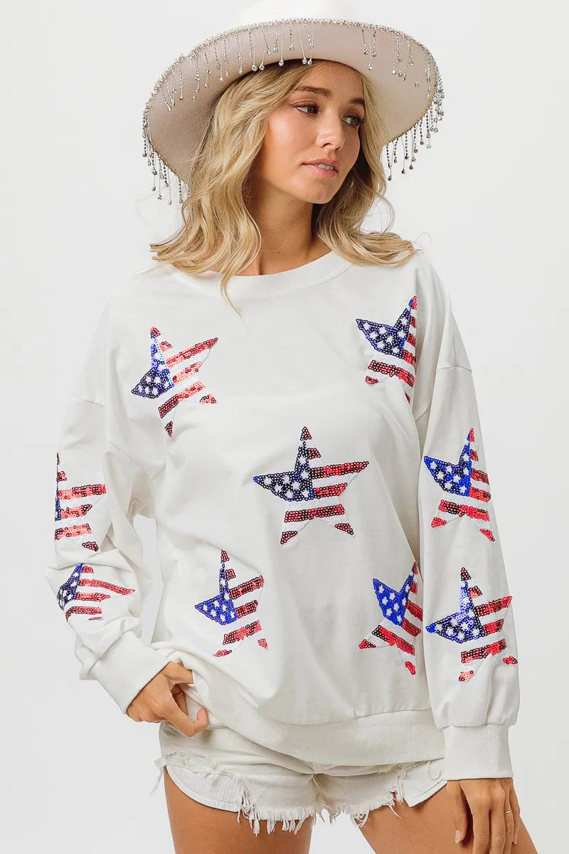 BiBi American Flag Sequin Star Sweatshirt - Patriotic Pullover with Sparkling Stars | Perfect for 4th of July, Veterans Day & USA Themed Parties