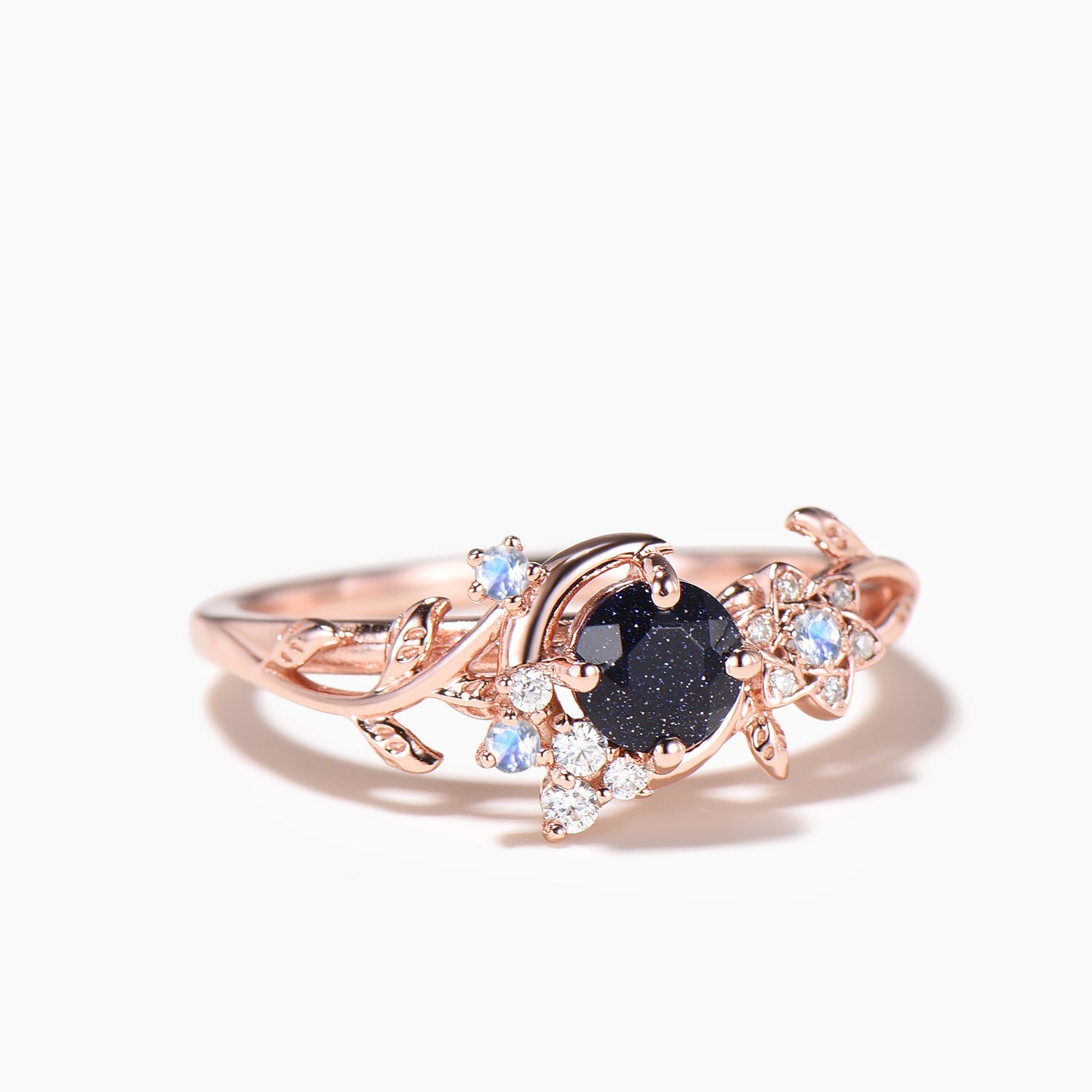 Round Blue Sandstone Moon Wedding Ring - Moonstone Diamond Nature Inspired Jewelry for Women - Perfect for Engagement, Anniversary & Boho Style Occasions
