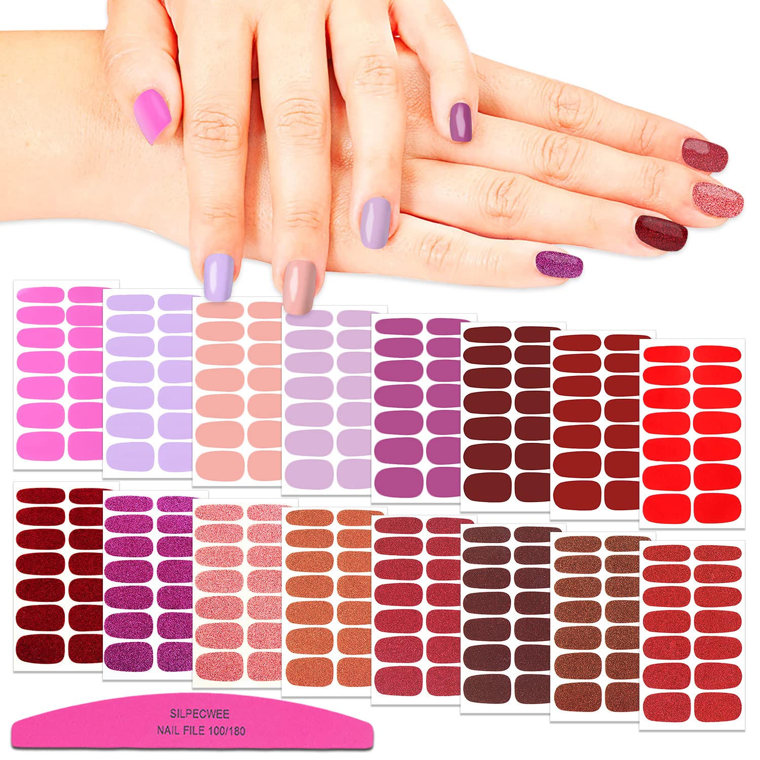SILPECWEE 16 Sheets Solid Color Glitter Nail Wraps - Self Adhesive Nail Polish Stickers & Strips for Women | Long Lasting Real Nail Polish | Includes 1 Nail File | Perfect for Parties, Weddings & Everyday Nail Art