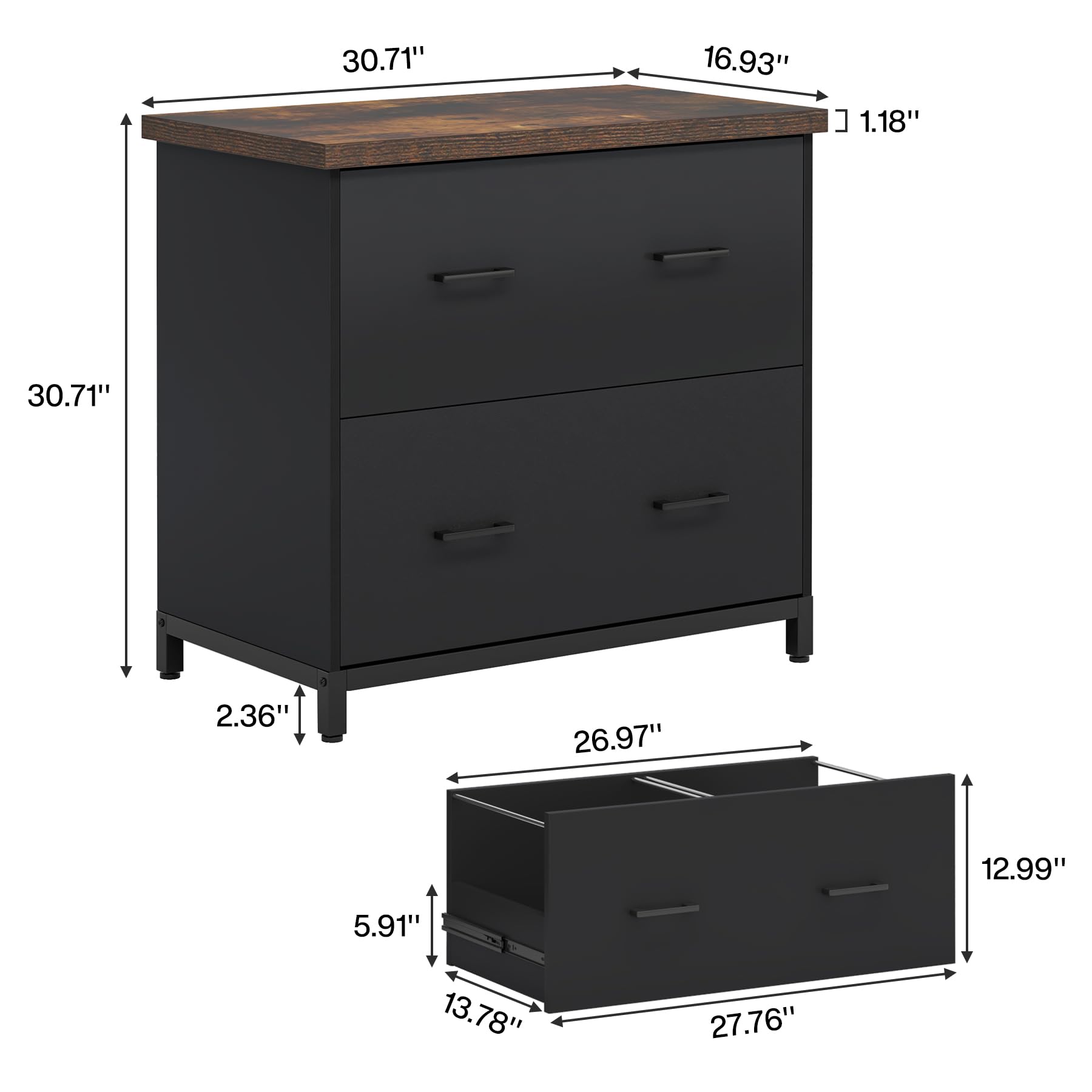 Tribesigns 2-Drawer Wood Lateral File Cabinet - Home Office Storage for A4 & Letter Size Documents - Brown & Black Filing Cabinet for Office Organization & Paper Storage
