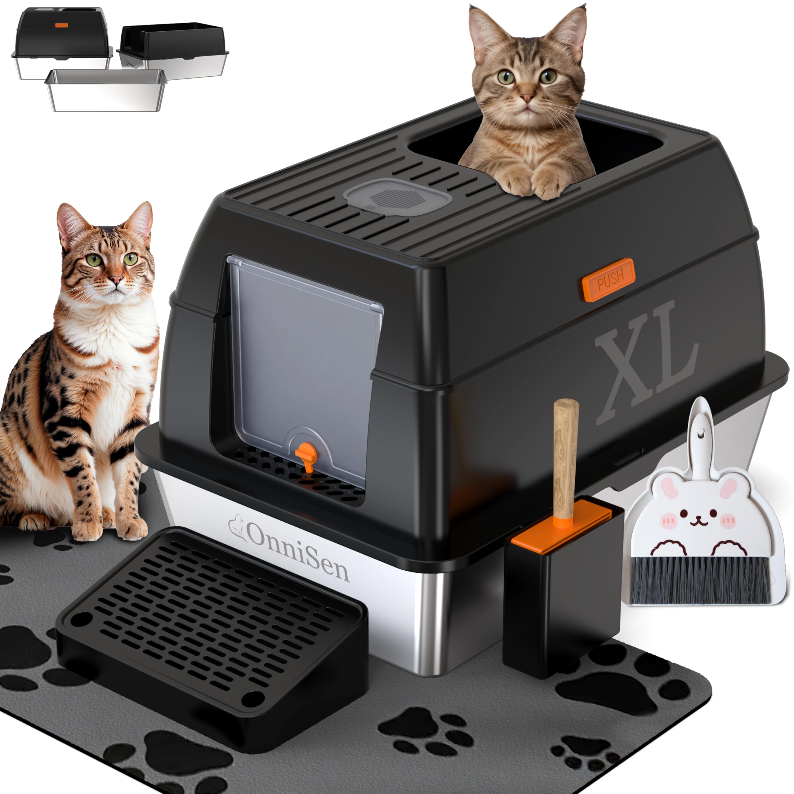 Premium Stainless Steel Cat Litter Box with Lid - Large Top Entry Covered Litter Box with Scoop, Pedal & Anti-Slip Mat - Odor Control, Non-Stick Surface - Ideal for Indoor Cats, Multi-Cat Homes & Small Spaces (Black)