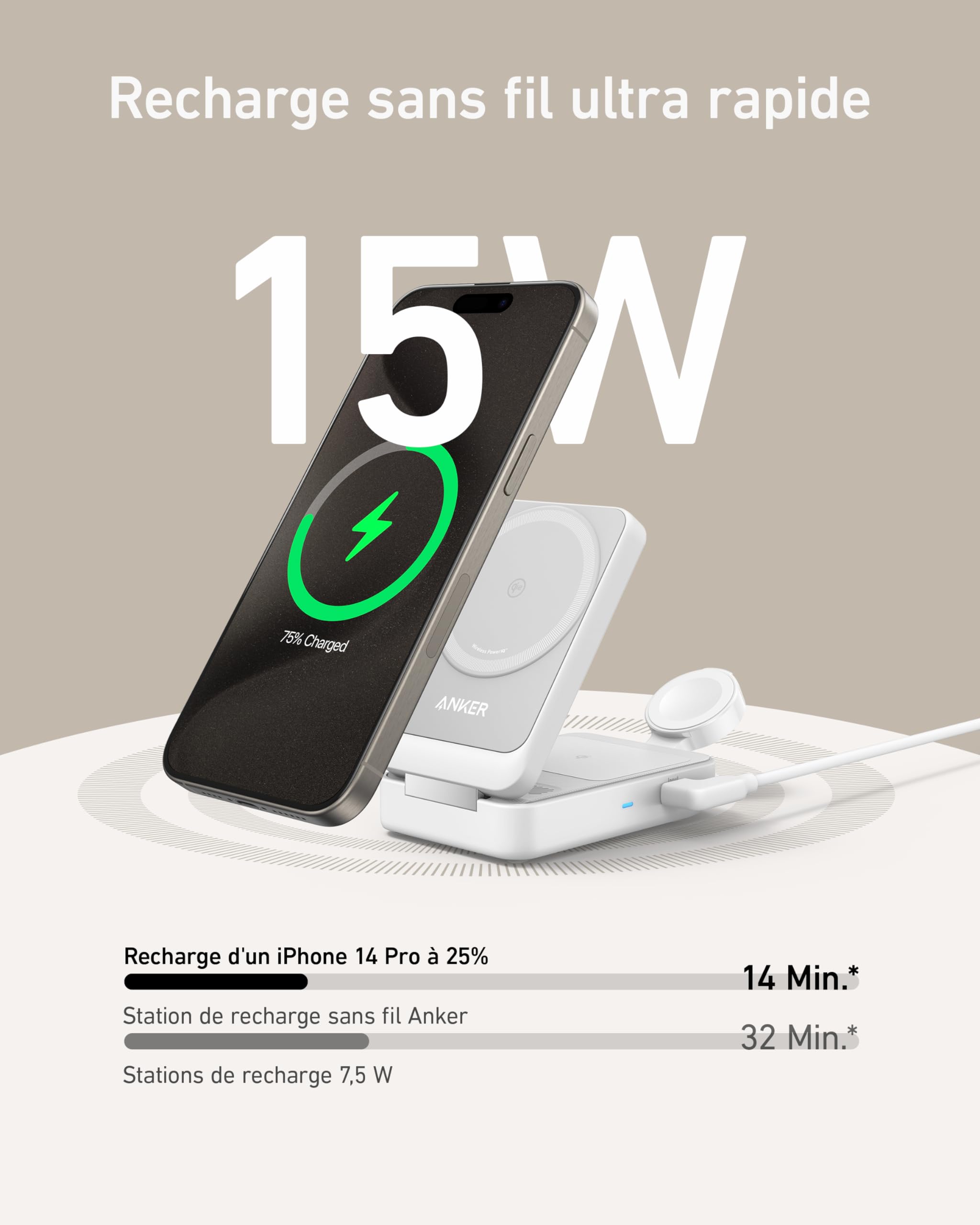 Anker MagGo 3-in-1 Wireless Charging Station with Qi2 & MagSafe Certification - 15W Fast Charging Dock for iPhone 15/14/13, Apple Watch & AirPods (Includes 40W USB-C Adapter) | Perfect for Home, Office & Travel Charging