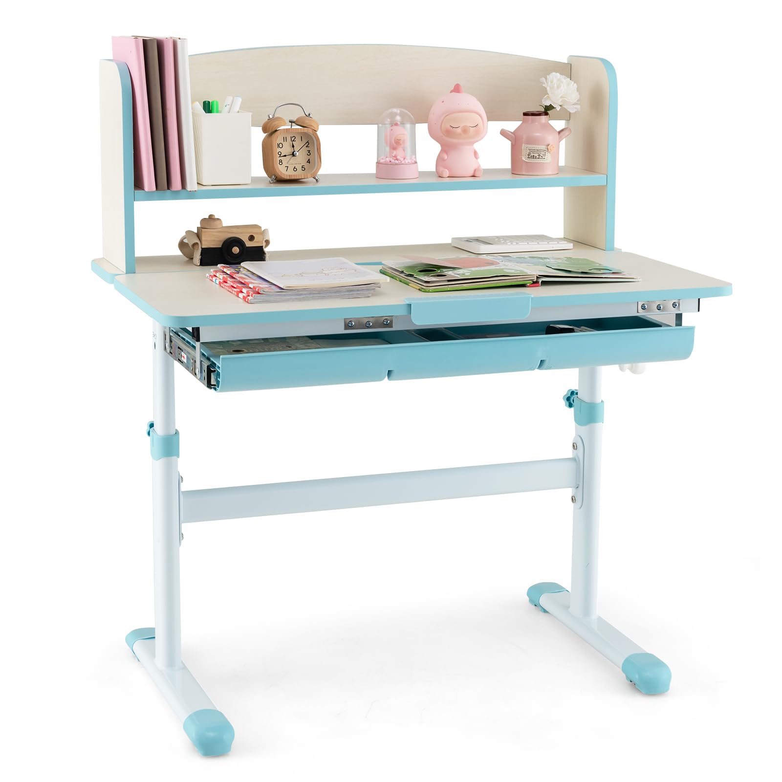 Costzon Adjustable Kids Desk with Storage Drawer & Hutch - Ergonomic Study Desk for Children, Height Adjustable Student Writing Table with Tilt Top & Scale Ruler - Perfect for Boys & Girls Bedroom, Homeschooling & Online Learning (Blue)