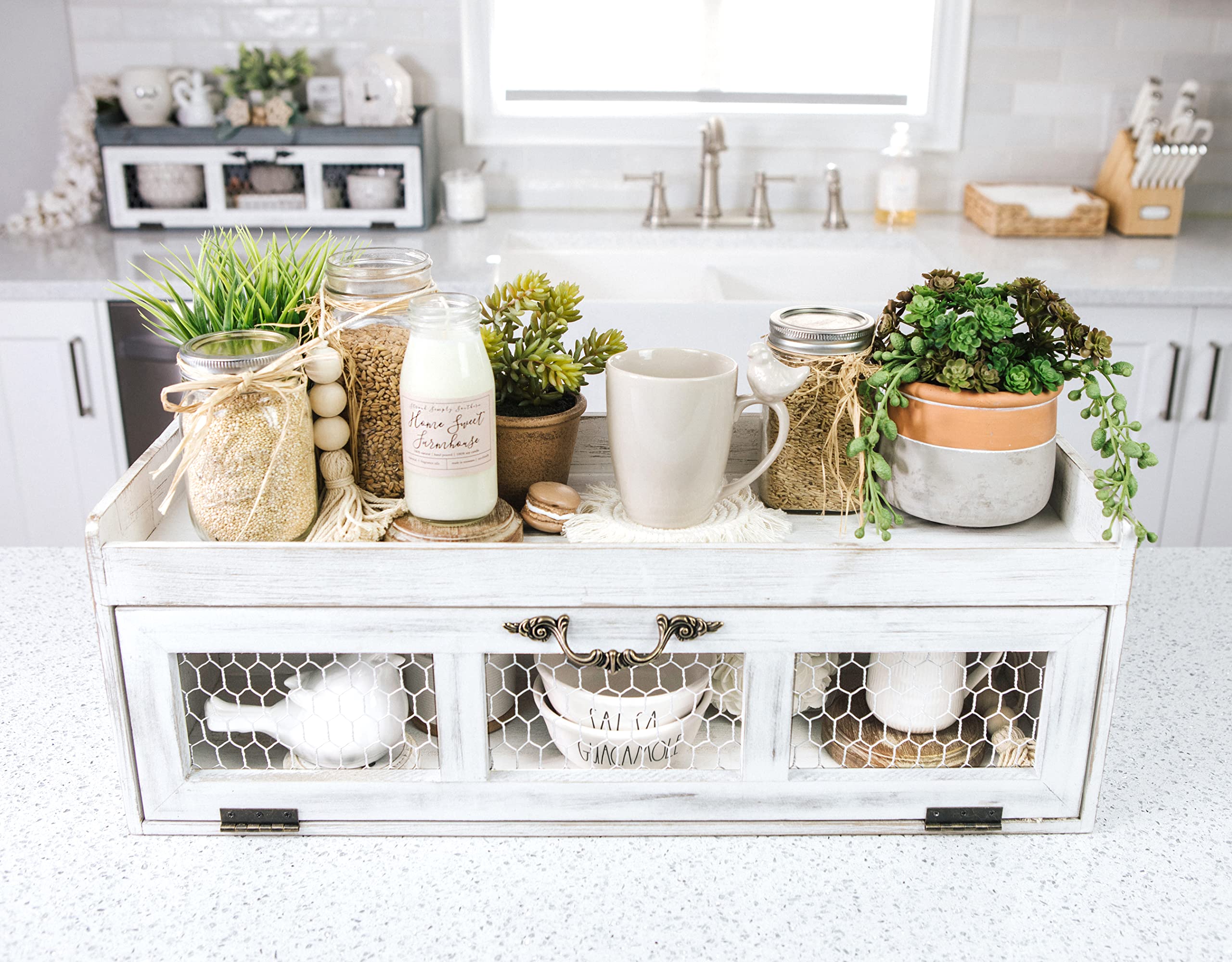 Farmhouse Chicken Wire Countertop Shelving Organizer - Rustic Kitchen Pantry Storage Cabinet with Felt Liner - Decorative Display for Country Kitchen Island - White | Perfect for Organizing Spices, Cookbooks, and Kitchen Essentials