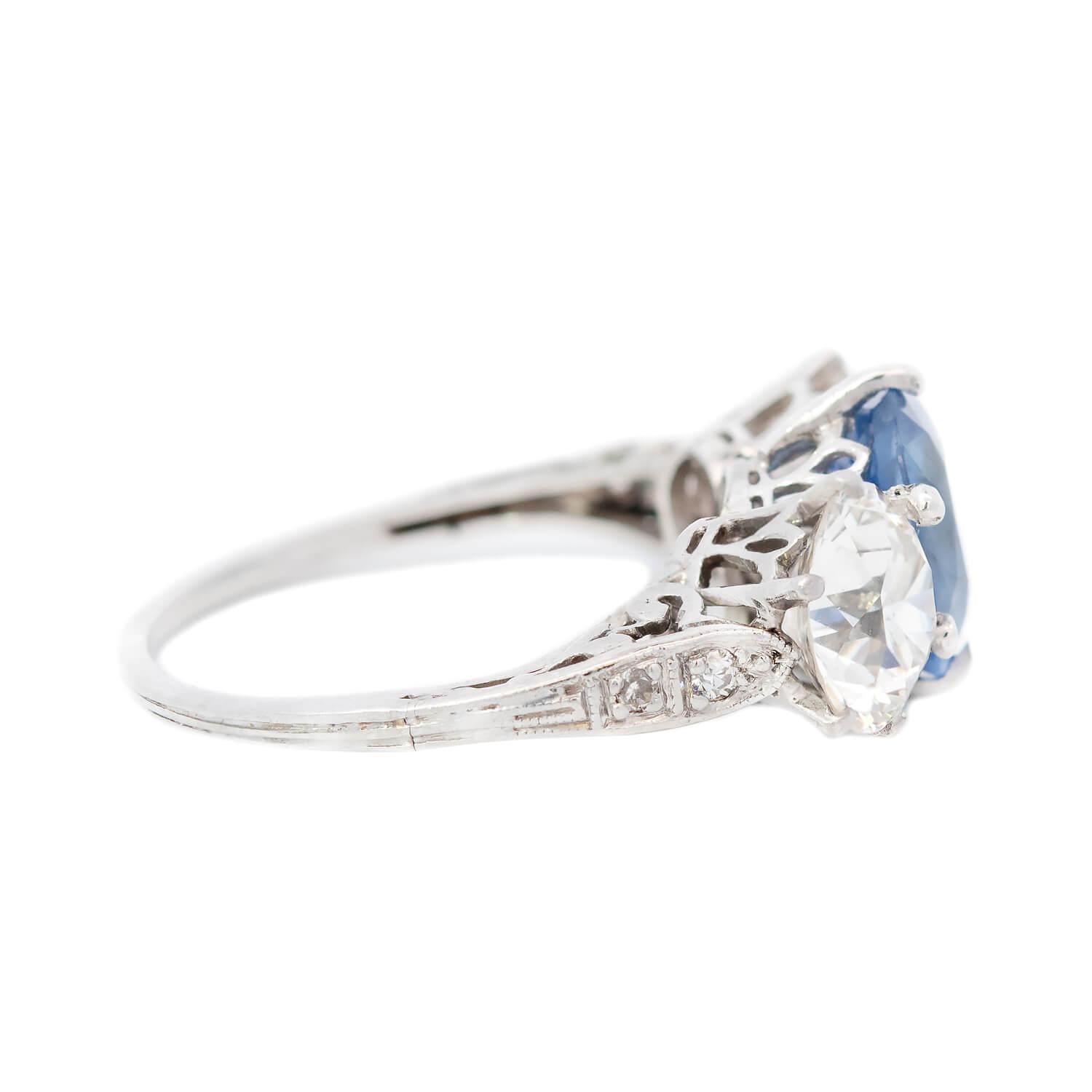 GIA Certified No Heat Sapphire & Diamond Three Stone Ring - Vintage Edwardian Platinum Engagement Ring for Women, Perfect for Weddings, Anniversaries & Special Occasions