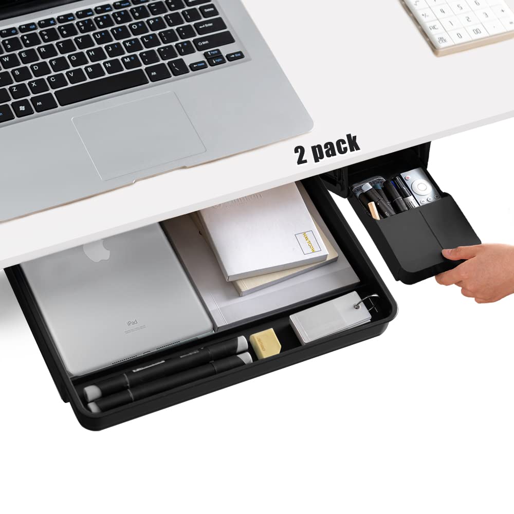 Under Desk Drawer Organizer Set - 2 Pack (Large & Small) Black Space-Saving Storage for Office & Home - Screw or Adhesive Mount Options - Perfect for Home Office, Dorm Room & Small Spaces