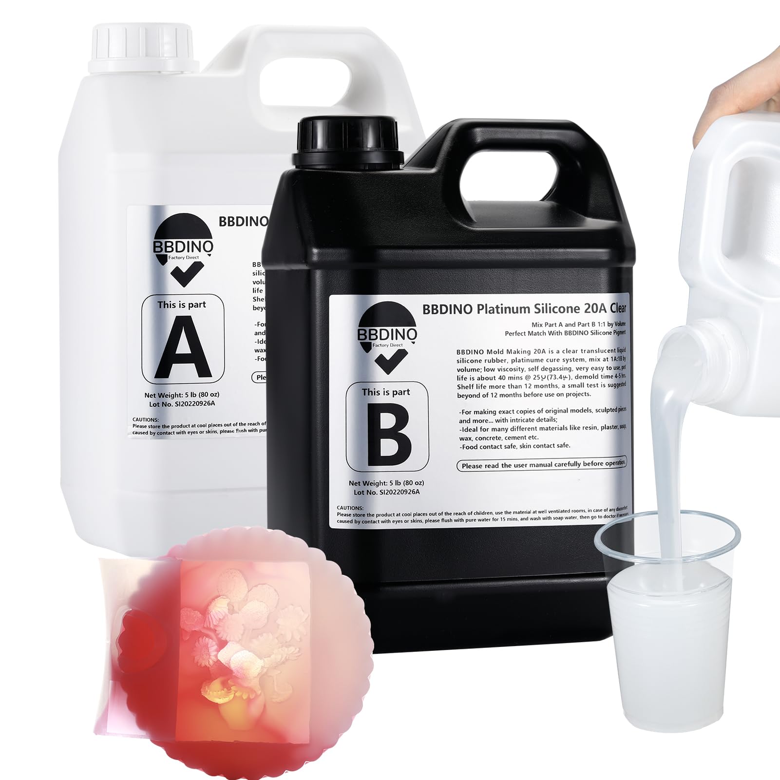BBDINO 1 Gallon Silicone Mold Making Kit - Clear Translucent Liquid Silicone Rubber (10 lbs/160 Oz) for Resin, Soap, Concrete & Wax Casting - 1:1 Mix Ratio by Volume - Perfect for DIY Crafts, Jewelry Making & Home Decor Projects