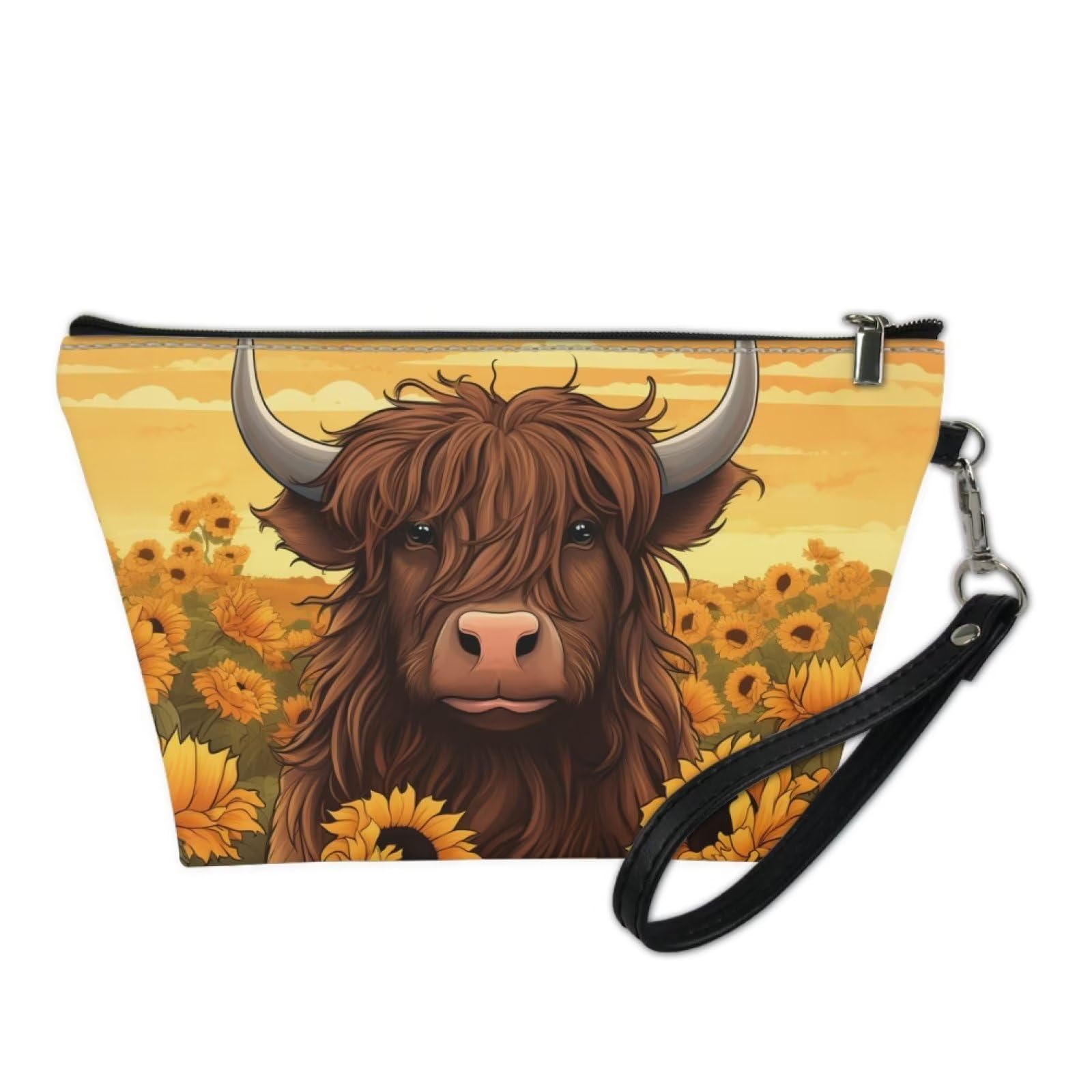 DISNIMO Sunflower Cow Print Makeup Bag - Waterproof Cosmetic Pouch for Women & Teens, Cute Travel Toiletry Organizer, Leather Clutch for Girls (Perfect for School, Travel & Daily Use)