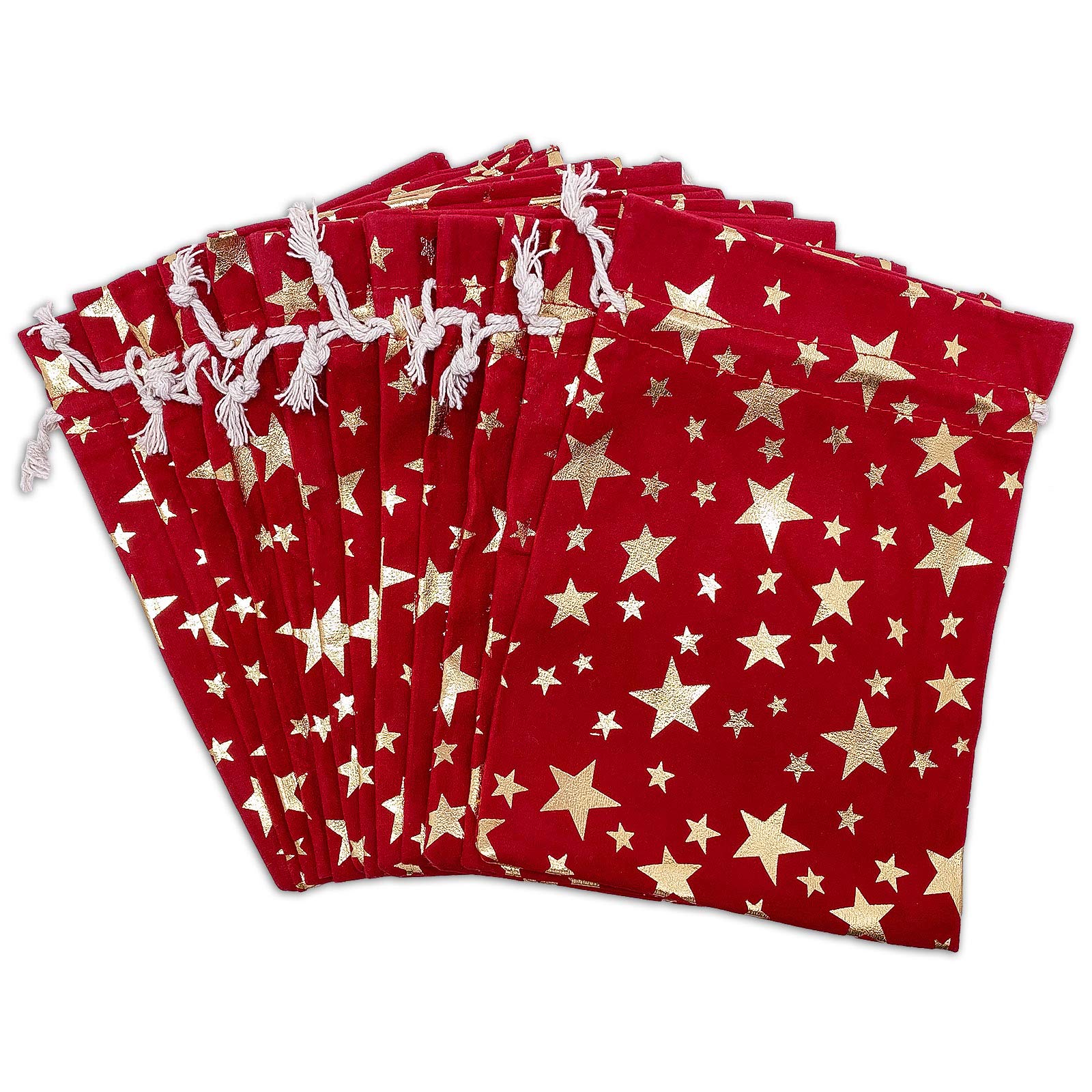 12-Pack 6x8 Inch Red Velvet Drawstring Gift Bags with Gold Stars - Elegant Christmas Present Bags, Party Favors Pouches for Holiday Gifts, Wedding Favors, Birthday Party Decorations by TheDisplayGuys