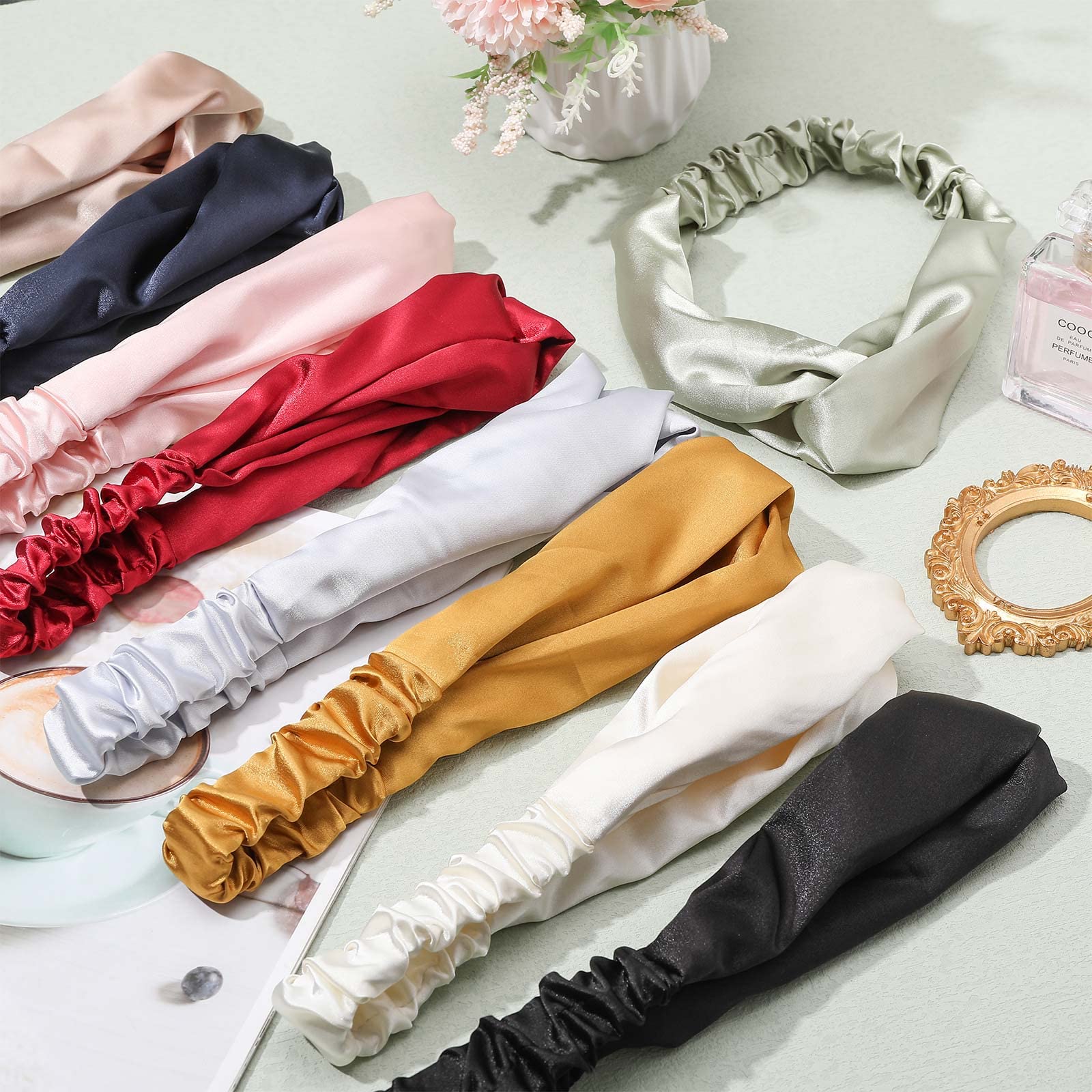 MTLEE 9-Piece Elastic Hair Wraps & Adjustable Satin Headbands Set - Soft Twisted Turban Headbands for Women & Girls - 9 Color Options - Perfect for Face Washing, Sleeping, Yoga & Home Relaxation