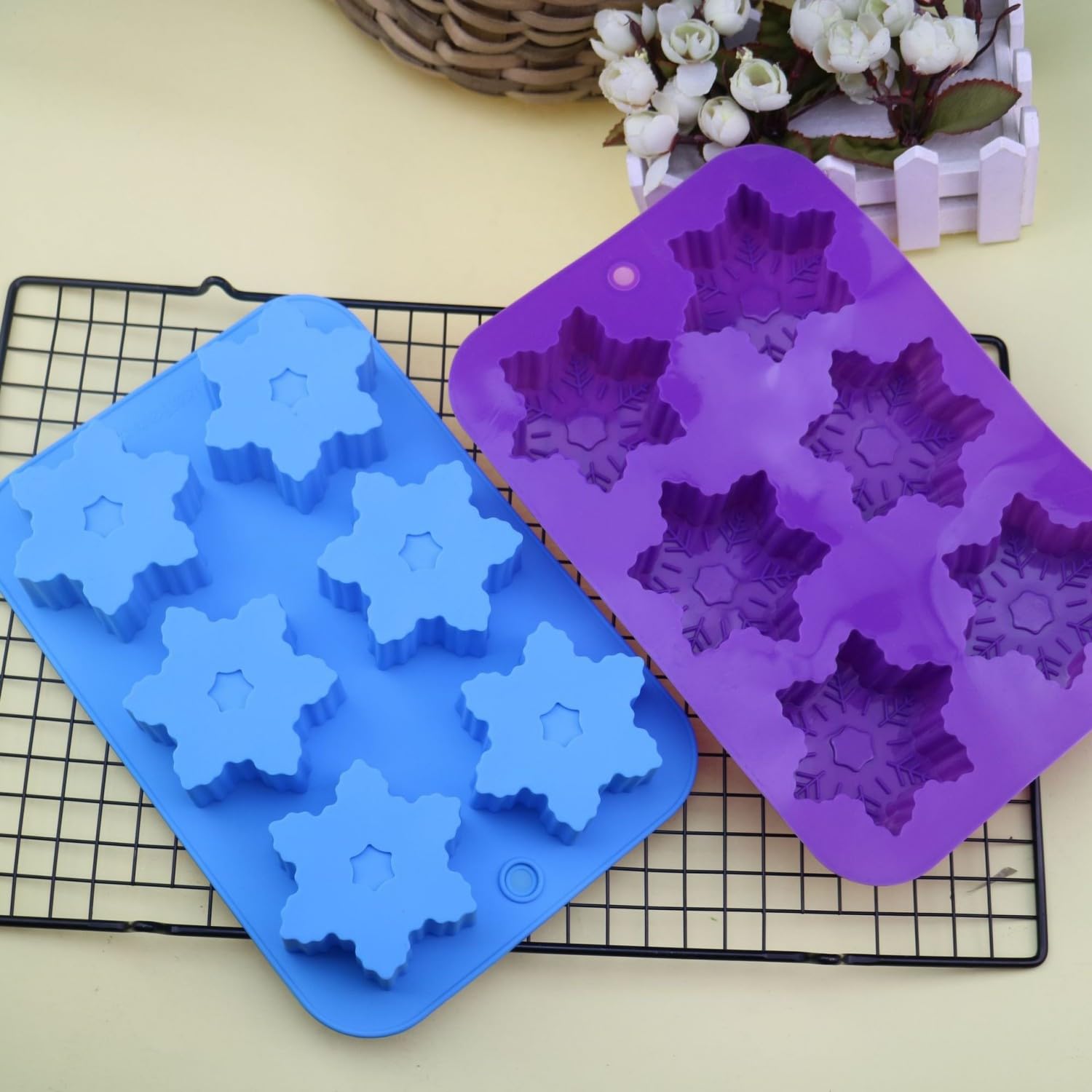 Snowflake Silicone Molds 2-Pack - Premium Baking Molds for Cakes, Cookies, Soap Making, Chocolate, Pudding & Jelly - Non-Stick Flexible Muffin Cups - Blue & Purple Kitchen Decor for Christmas Baking & DIY Crafts