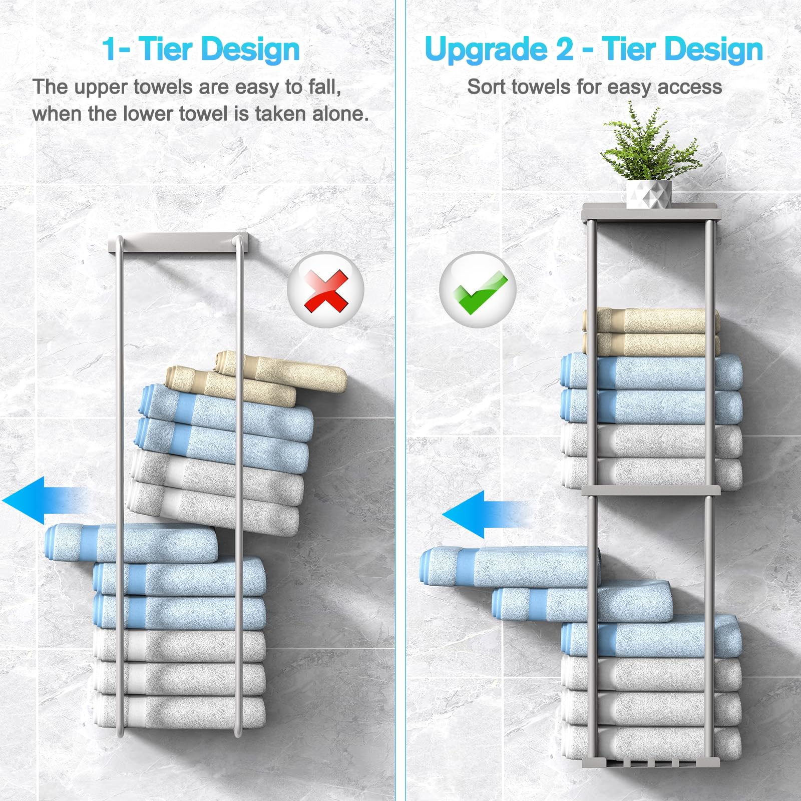 Vertical Wall Mounted Towel Rack Organizer with Shelf - Holds 6 Large Bath Towels, Space Saving Bathroom Storage in Silver Grey - Perfect for Small Bathrooms, Spa Rooms & Laundry Areas