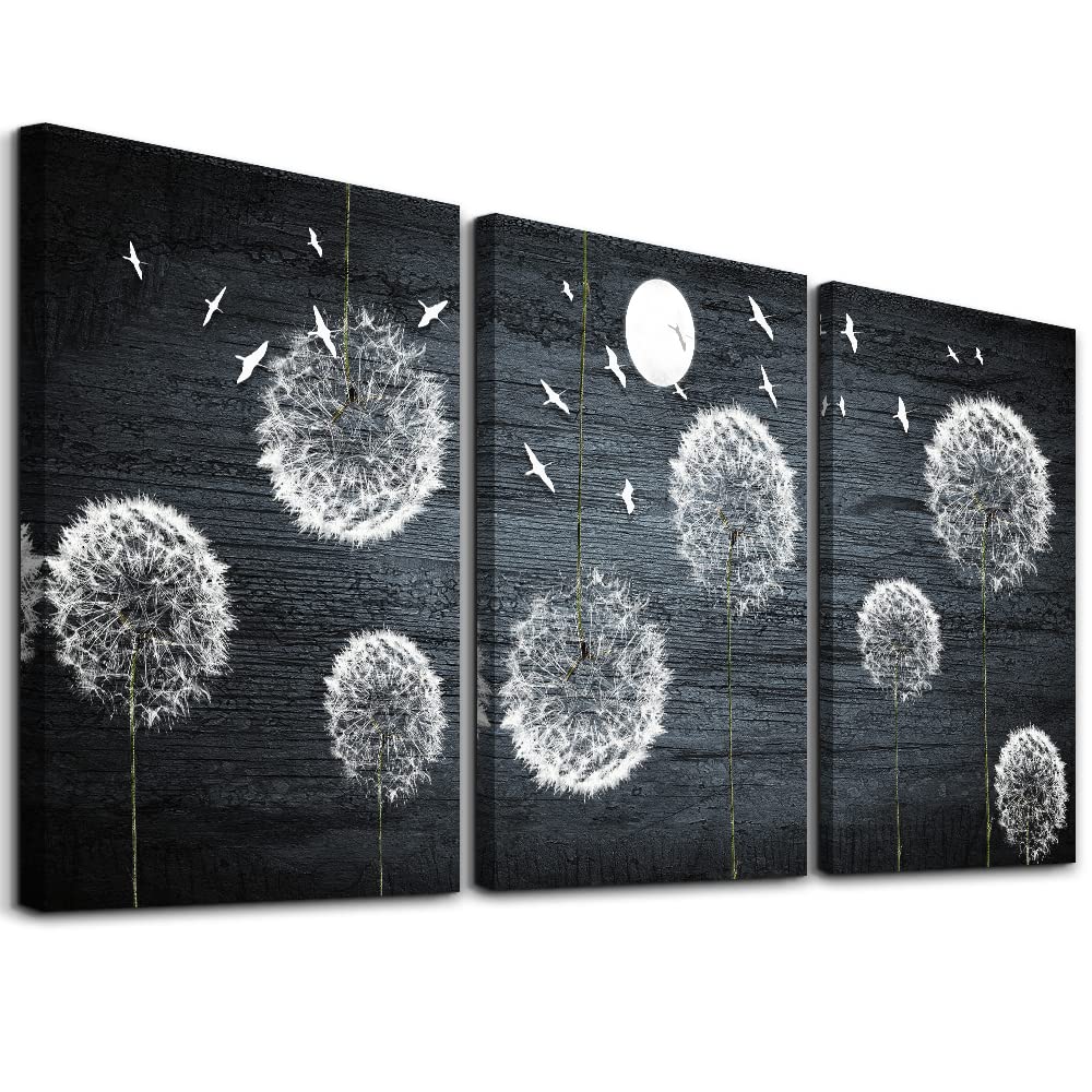 3-Piece Black and White Dandelion Flowers Abstract Canvas Wall Art Set - Modern Home Decor for Bedroom, Living Room, Kitchen, Bathroom & Office | Perfect for Housewarming Gifts & Interior Design