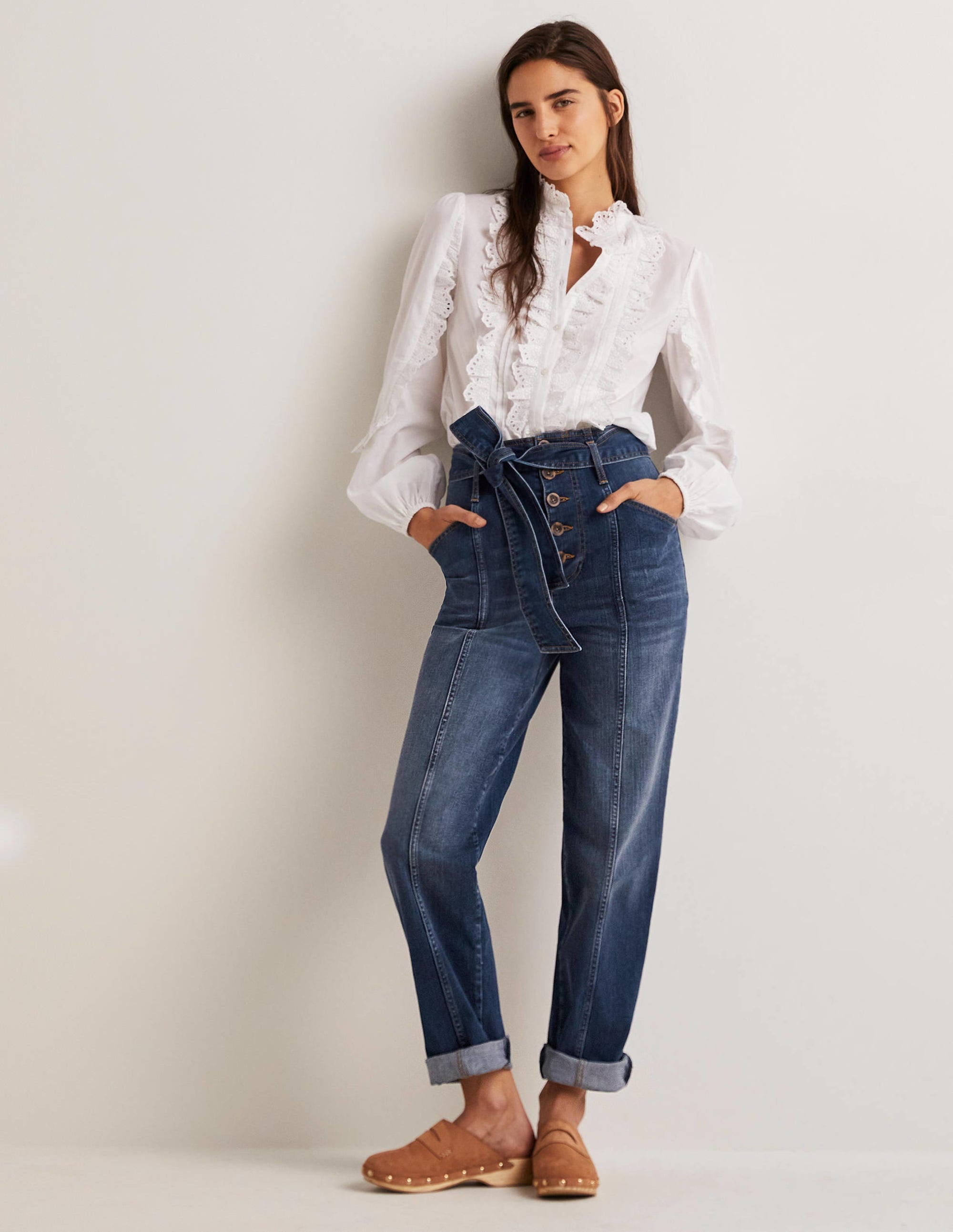 Vintage High Rise Belted Jeans for Women - Stylish Mid Wash Denim Pants for Casual Outfits & Everyday Wear
