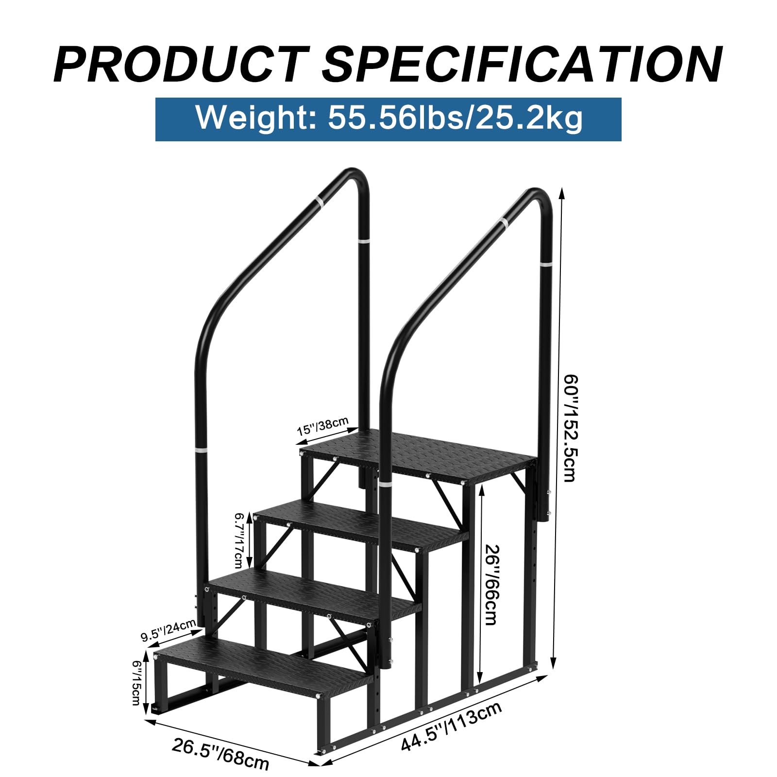 RV Steps With Handrail - 4-Step Non-Slip Aluminum Stairs for Camper, Trailer, Mobile Home, Hot Tub & Outdoor Spa | Heavy Duty Outdoor Stairs for RV Access, Deck Entry & Poolside Use
