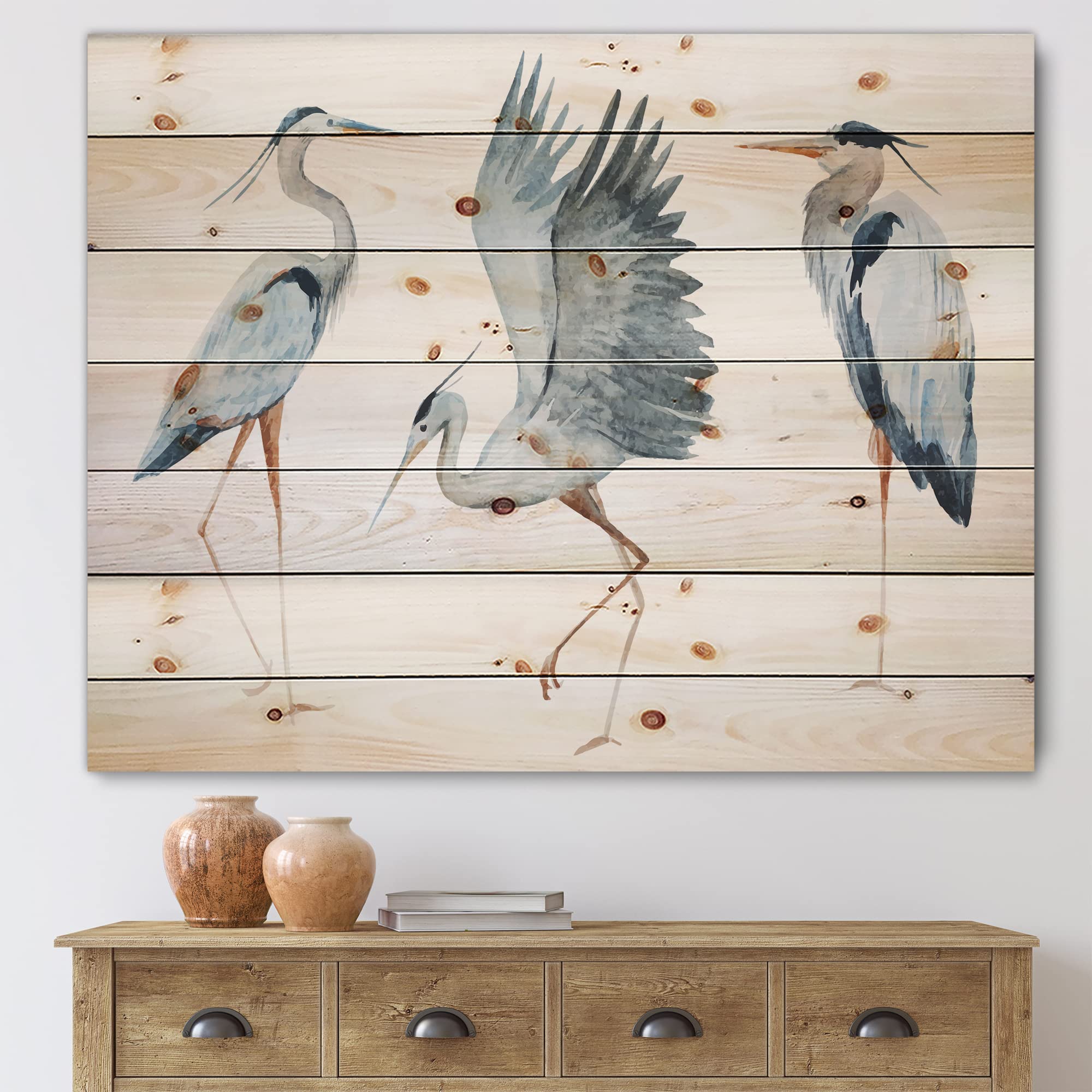 DesignQ Heron Birds II Traditional Wood Wall Decor - Blue Wood Wall Art, Large Animal Wood Panels Printed on Natural Pine - Perfect for Living Room, Bedroom & Office Decor