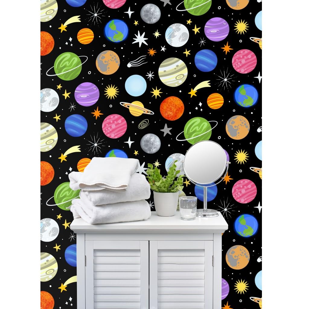 Planets Stars Earth Space Moon Galaxy Celestial Traditional Wallpaper - Commercial Grade 27ft x 2ft Roll for Living Room, Bedroom & Nursery Decor | Peel & Stick Wallpaper for Easy Installation