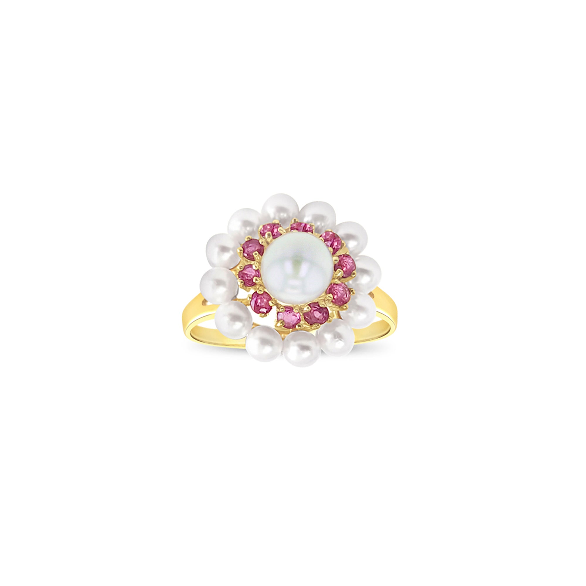14k Yellow Gold Double Halo Pearl & Ruby Ring with 7MM Pearl - Elegant Jewelry for Weddings, Anniversaries & Special Occasions