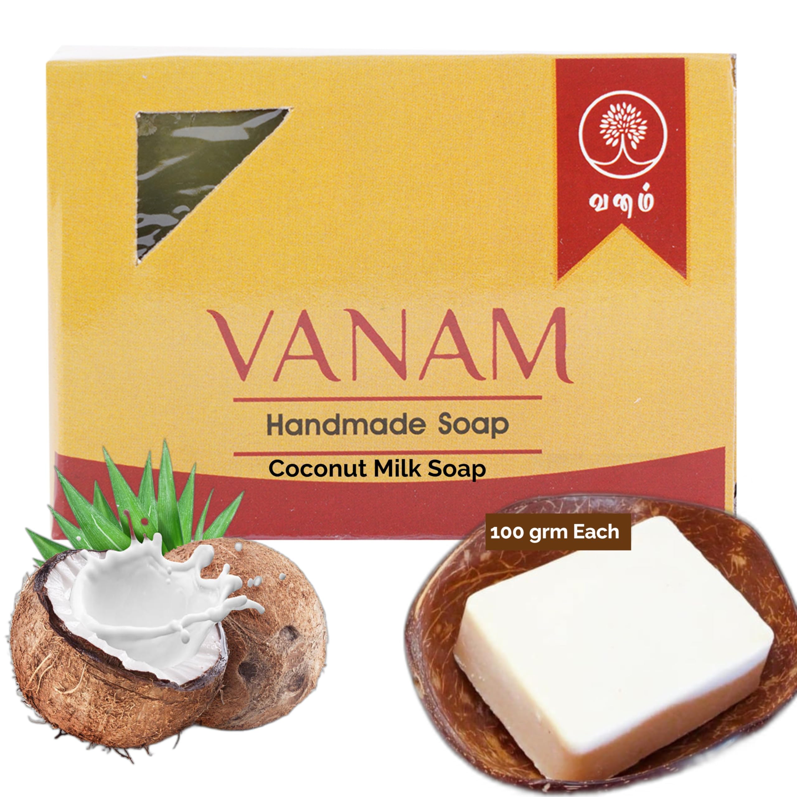 VANAM Handmade Herbal Coconut Milk Bath Soap | 100% Natural Organic Skincare | Moisturizing & Hydrating Bar Soap for Glowing Skin | Suitable for Sensitive, Dry & Oily Skin Types | Pack of 5 | Perfect for Relaxing Bath, Spa Day & Gift Giving