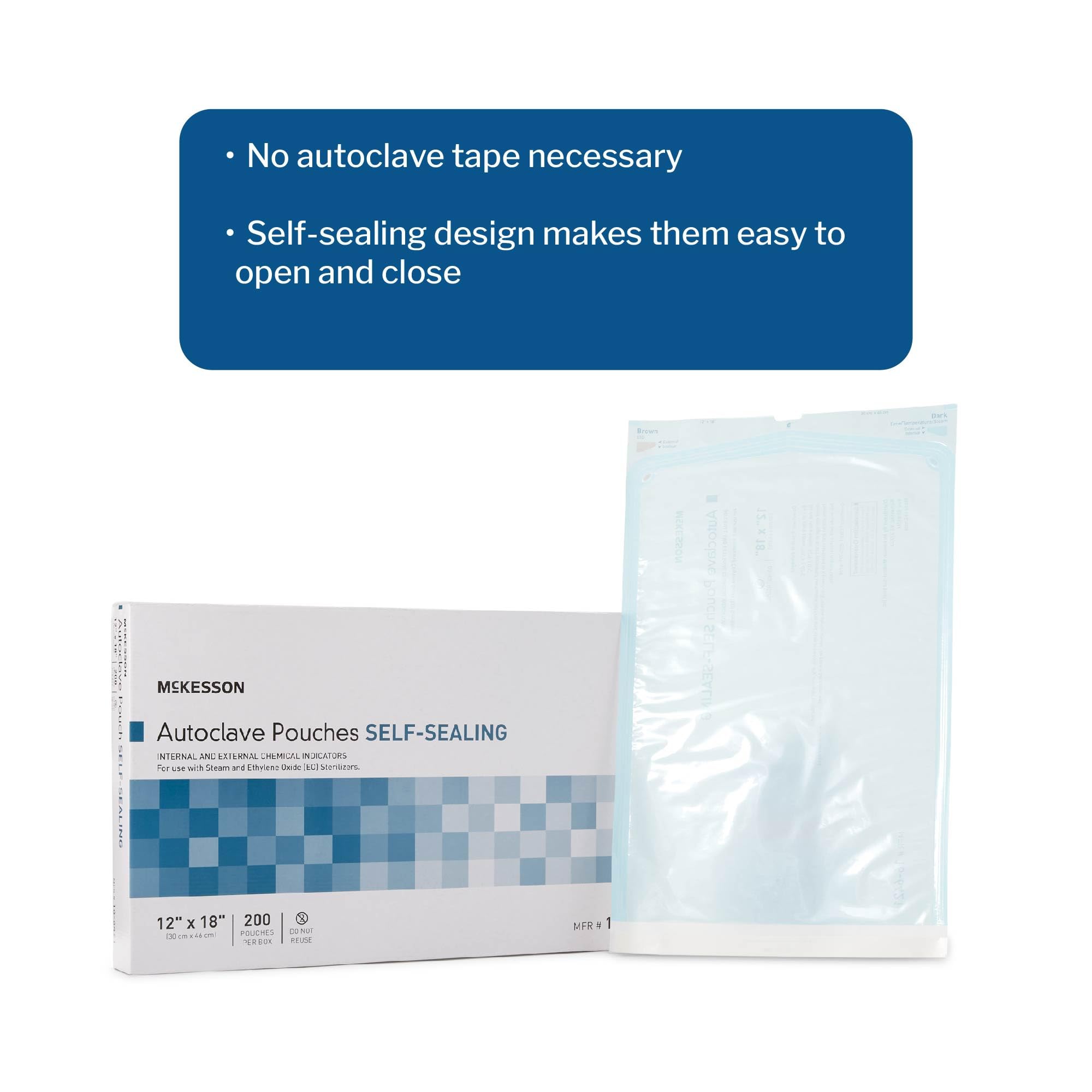 McKesson Sterilization Pouches for Steam or EO Gas - Self-Sealing Autoclave Bags 12x18 Inch (200 Count per Pack, 5 Packs Total 1000 Pouches) - Ideal for Dental Offices, Hospitals & Medical Clinics