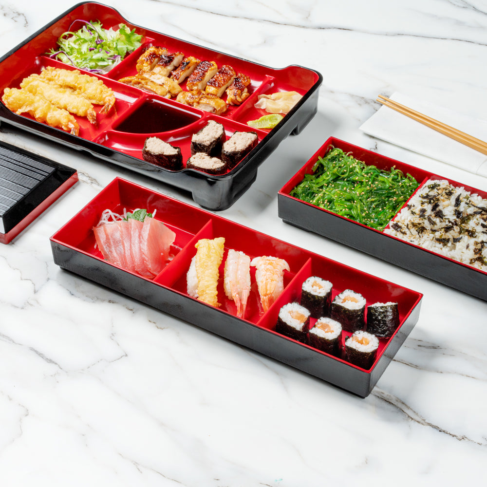 Premium Japanese Bento Box - 3 Compartment Black & Red Lunch Container (14