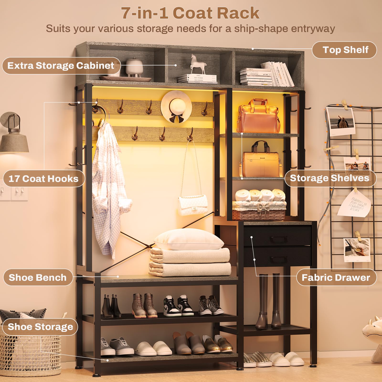 7-in-1 Itaar Hall Tree with Bench & Shoe Storage - Entryway Organizer with Coat Rack, 3 Cubbies, 3 Shelves, 17 Hooks & 2 Fabric Drawers (Oak Grey) - Perfect for Mudroom, Foyer & Small Space Organization
