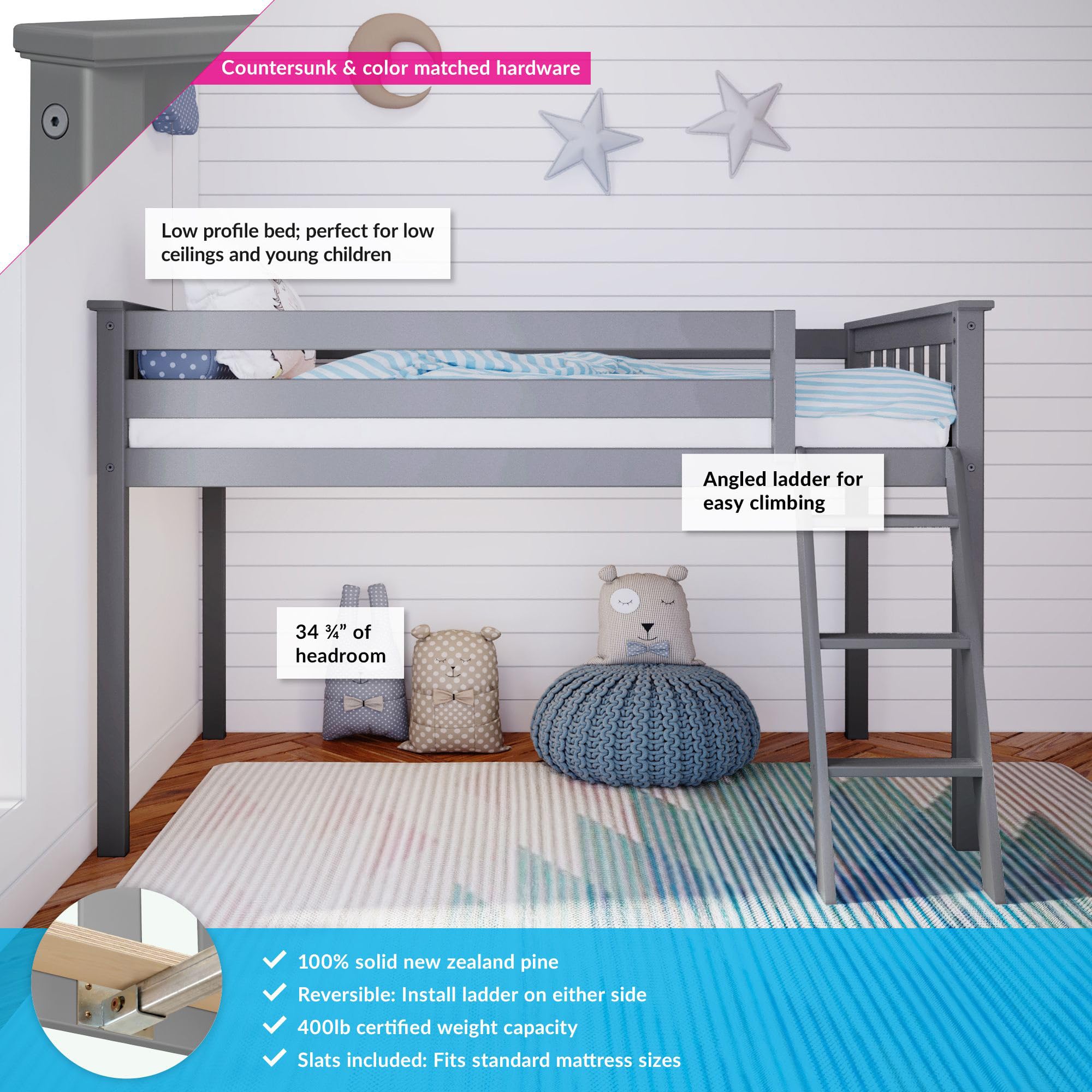 Max & Lily Low Loft Twin Bed Frame for Kids - Sturdy Wooden Bunk Bed with Ladder & Safety Rail - Space-Saving Grey Bedroom Furniture for Small Rooms, Dorms & Kids' Sleepovers