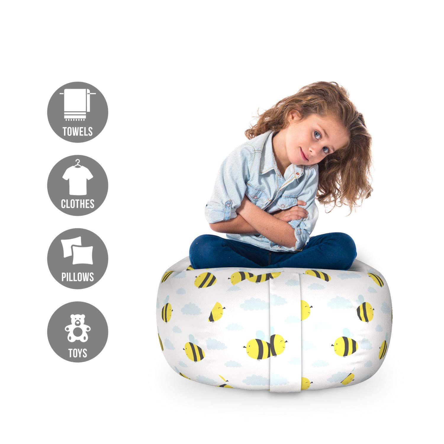 Ambesonne Honey Bee Toy Storage Bag Chair - Pastel Yellow & Blue Cloud & Animal Print - Washable Stuffed Animal Organizer for Kids' Room (Small Size) | Perfect for Nursery, Playroom & Bedroom Organization