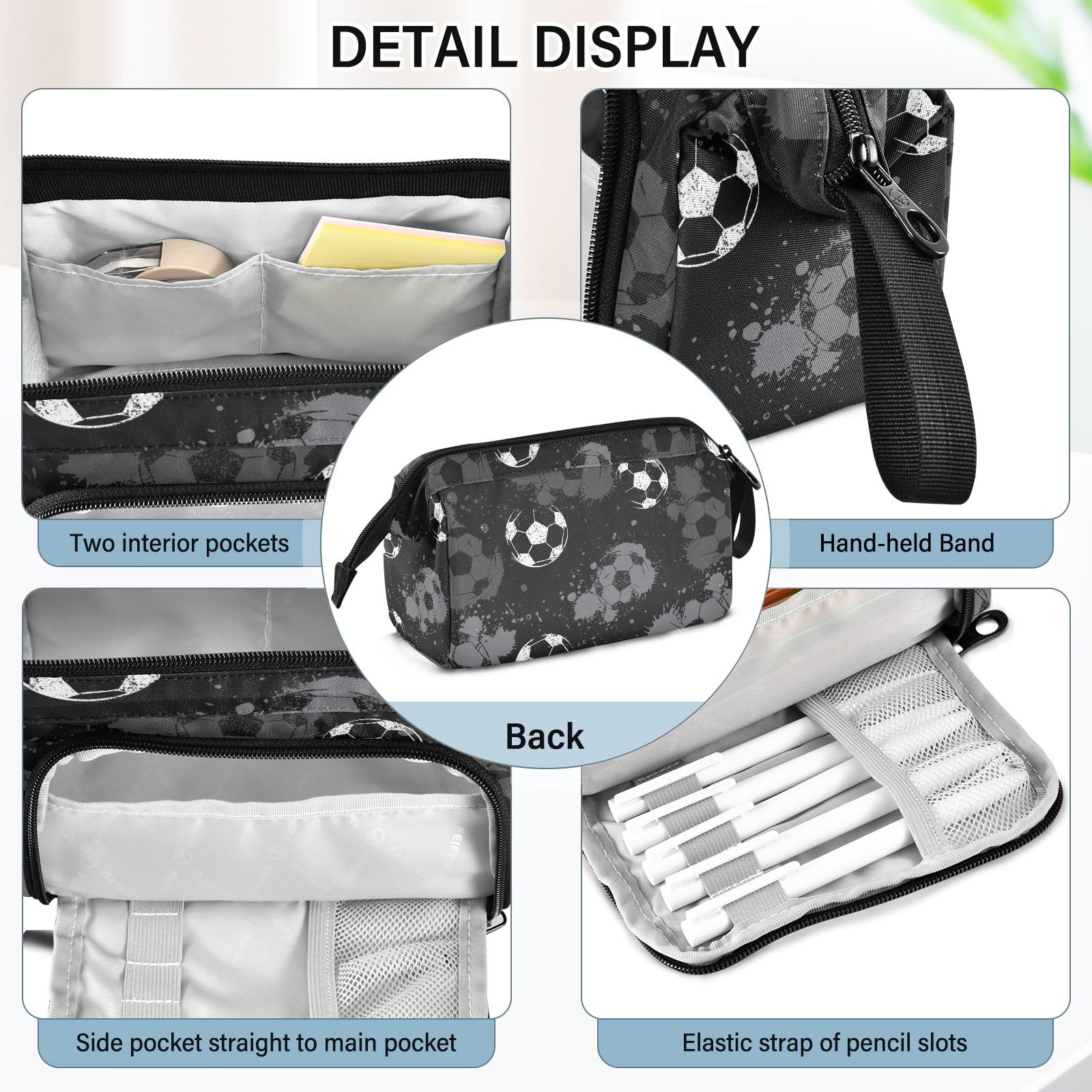 Joisal Abstract Football Black Watercolor Pencil Case with Multiple Compartments - Small Makeup Bag, Pen Organizer Pouch for School, Office & Travel Accessories Storage