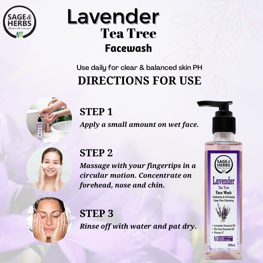 Sage & Herbs Natural Anti Acne Face Wash with Lavender & Tea Tree Oil - Reduces Acne, Pimples & Minimizes Pores - Gentle Cleanser for Oily & Sensitive Skin - Perfect for Daily Skincare Routine & Breakout Control (100ml)