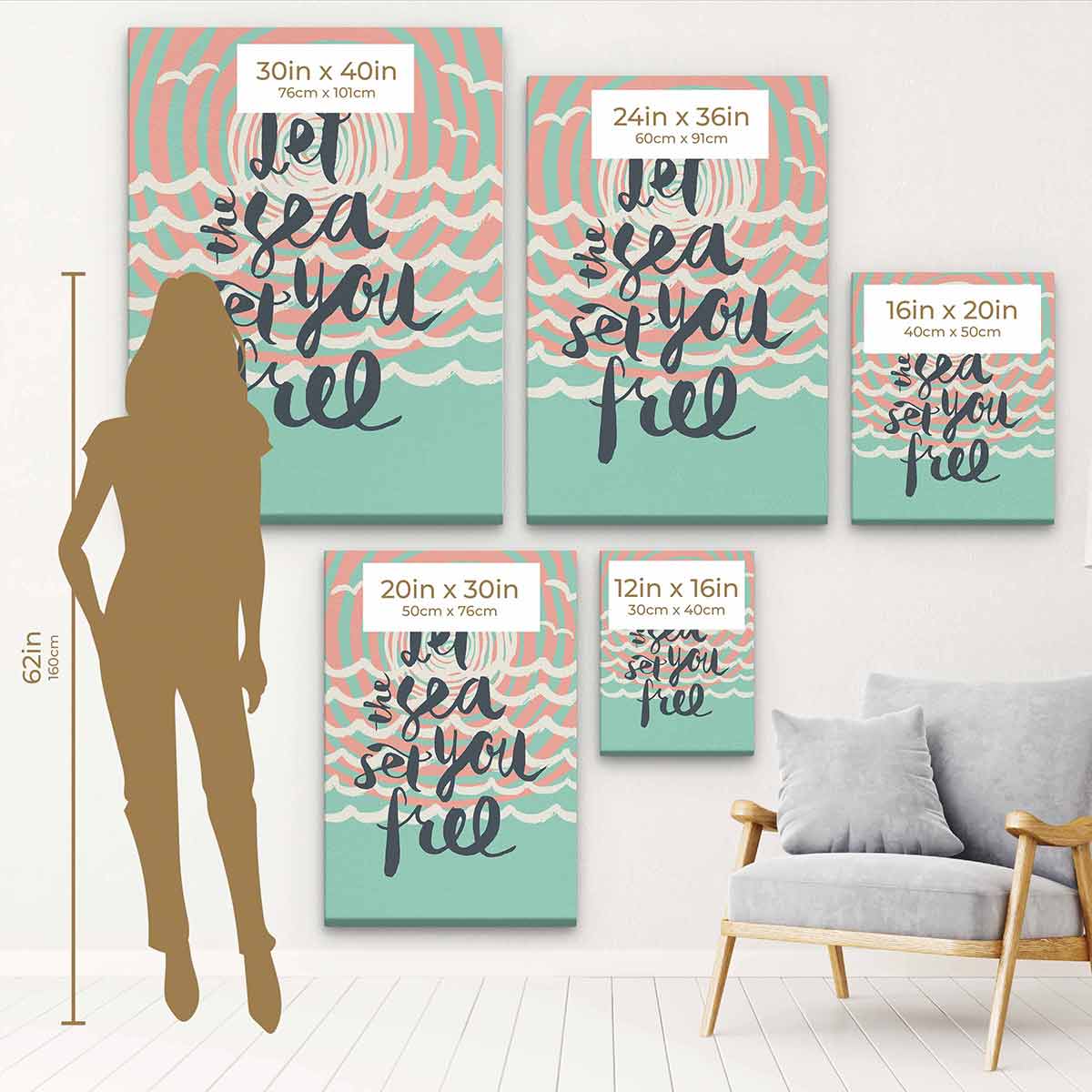 Turquoise Let the Sea Set You Free Wall Art Canvas Print - Coastal Beach Decor for Living Room, Bedroom & Office - 4962