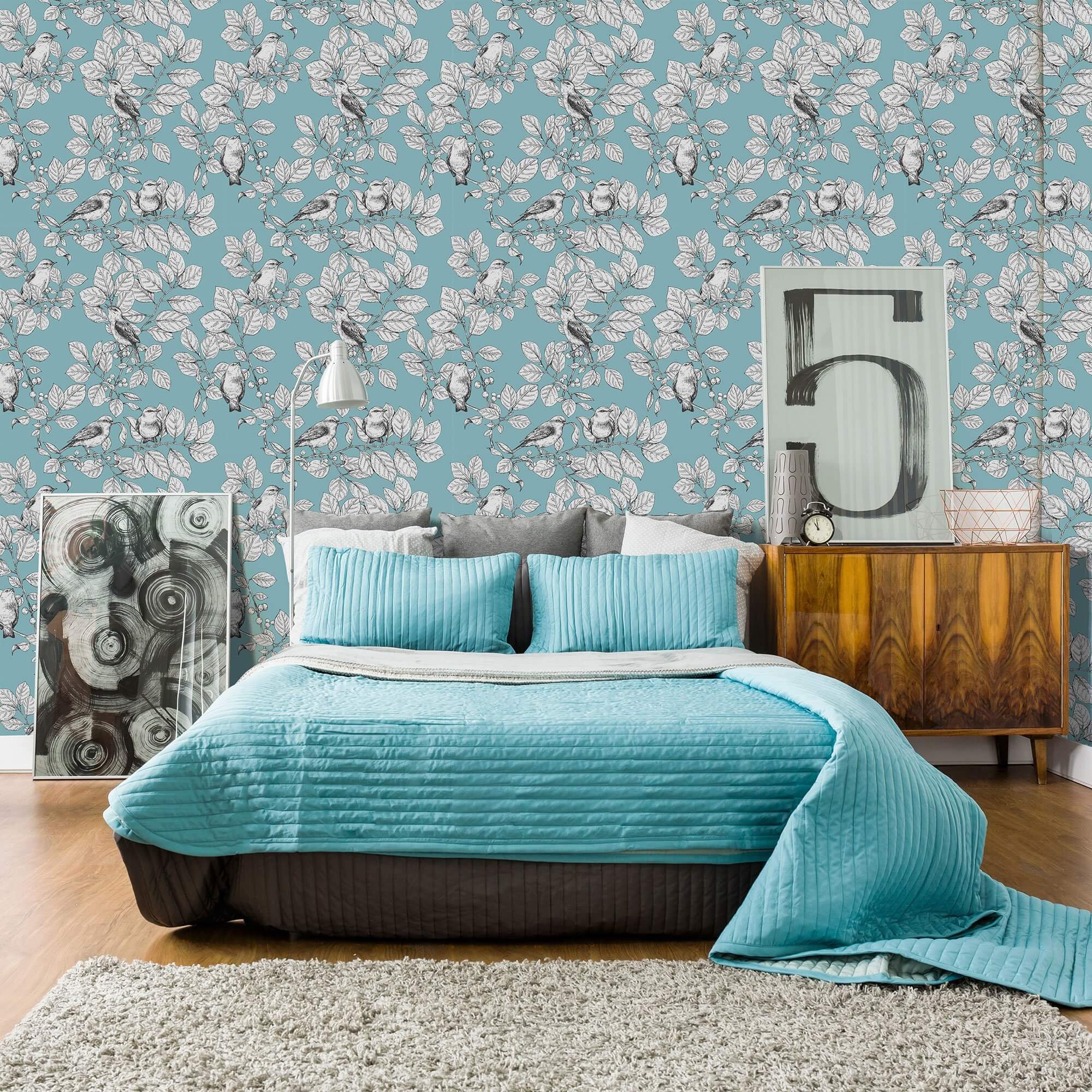 Blue Floral Animal Print Peel and Stick Removable Wallpaper - Self-Adhesive Decorative Wall Covering for Bedroom, Nursery, Living Room, Office Decor