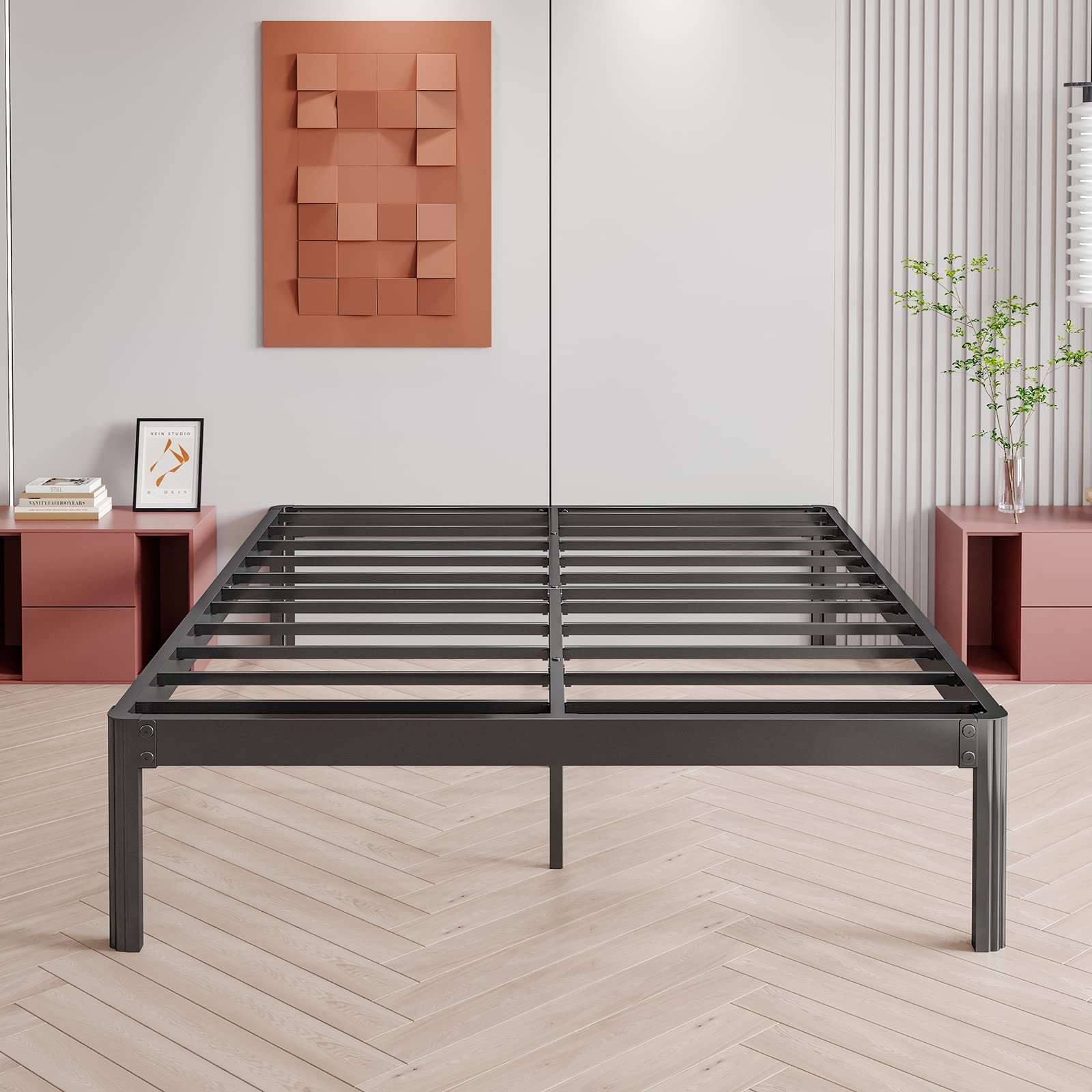 **California King Bed Frame with Round Corners & Cylinder Legs - 3500 lbs Capacity, Non-Slip Metal Platform, No Box Spring Needed - 14 Inch Noise-Free Mattress Foundation - Black - Perfect for Master Bedrooms & Modern Home Decor**