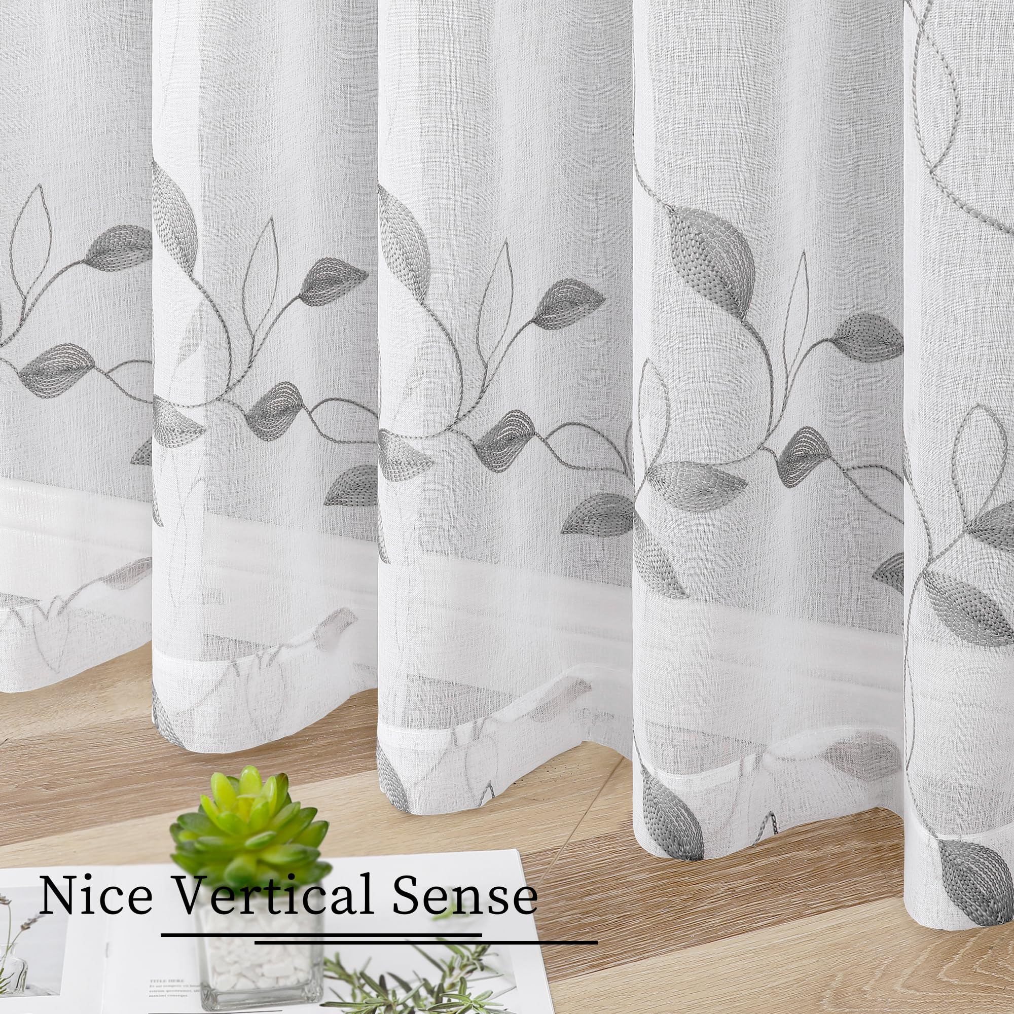 Grey Leaf Sheer Tier Curtains - Embroidered Voile Kitchen & Bathroom Window Panels with Rod Pocket, 30 x 24 Inches, Set of 2 - Perfect for Home, Cafe, and Office Decor