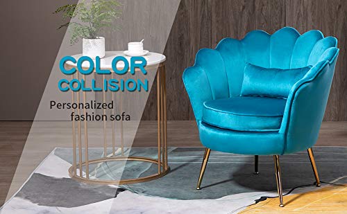 Velvet Accent Chair with Golden Metal Legs - Modern Upholstered Armchair for Bedroom, Living Room & Vanity | Comfy Dining & Makeup Chair, No Wheels | Perfect for Home Decor, Relaxing & Dressing Areas (Azure)