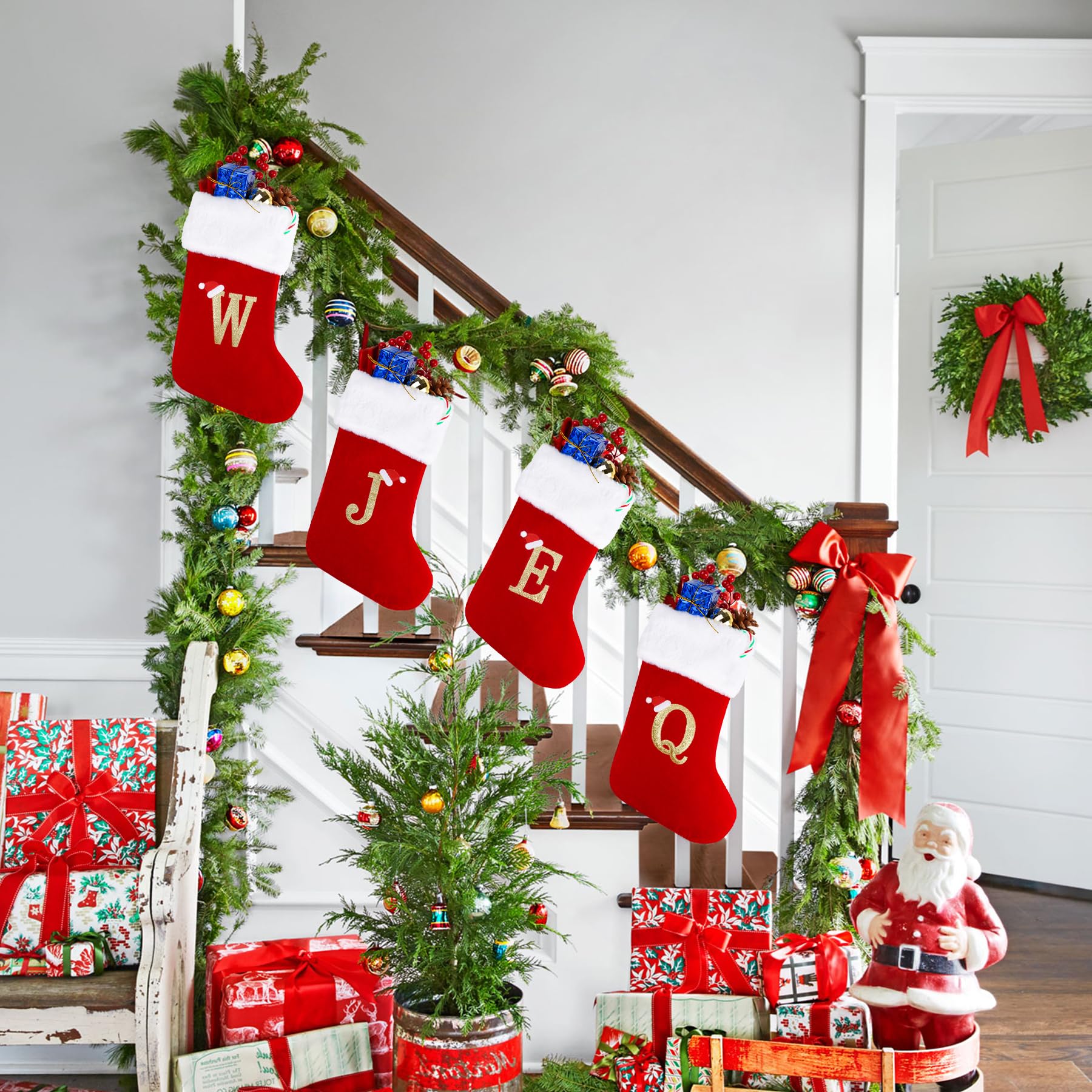 20 Inch Personalized Monogram Christmas Stockings - Large Red Velvet Holiday Stockings with Soft Plush White Cuff - Perfect for Fireplace Mantel, Xmas Tree Decor & Festive Gift Giving