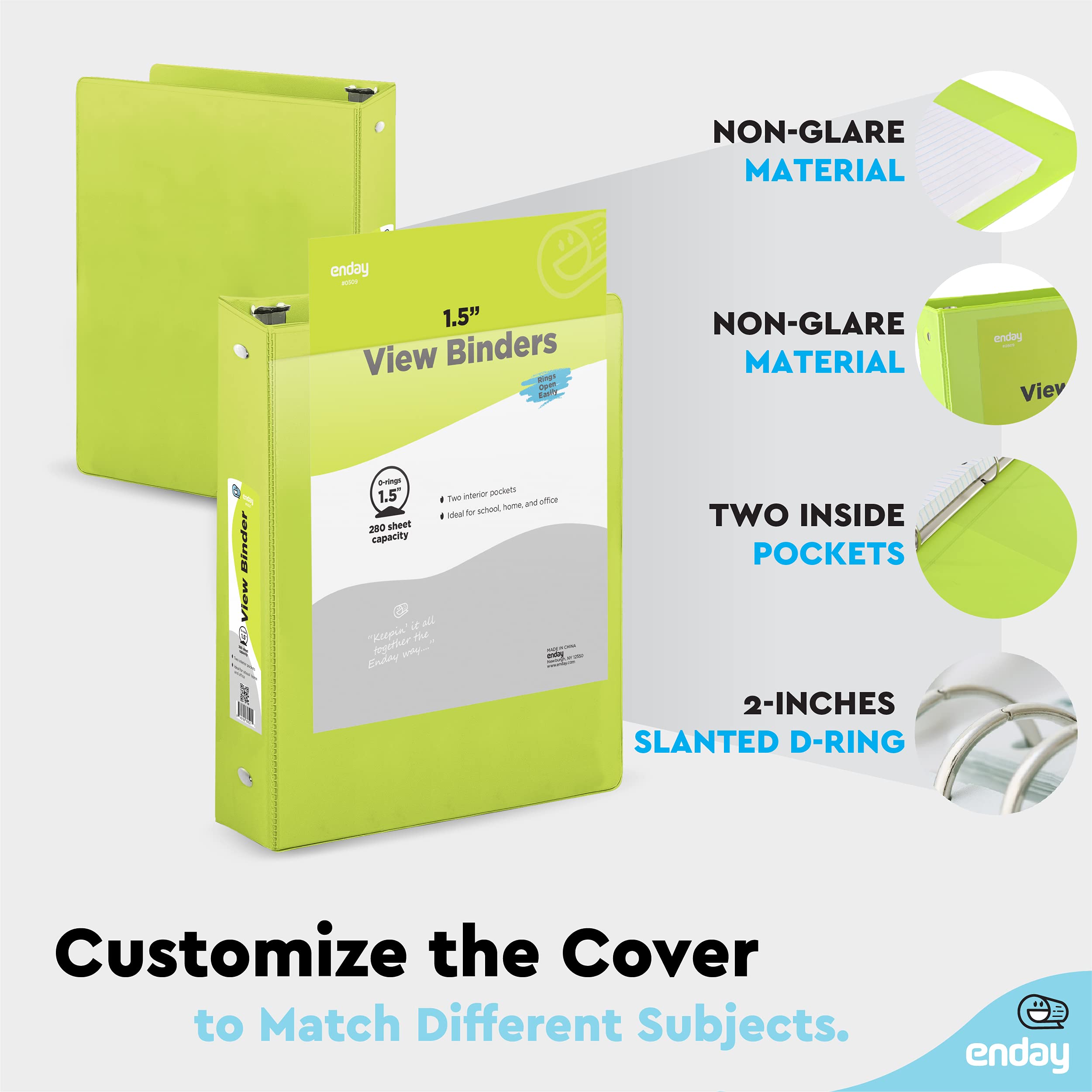 Enday 1.5 Inch Green 3-Ring Binder with Clear View Cover & 2 Inside Pockets - Durable School & Office Supplies for Organizing Documents, Homework, and Presentations - Perfect for Students, Teachers, and Professionals