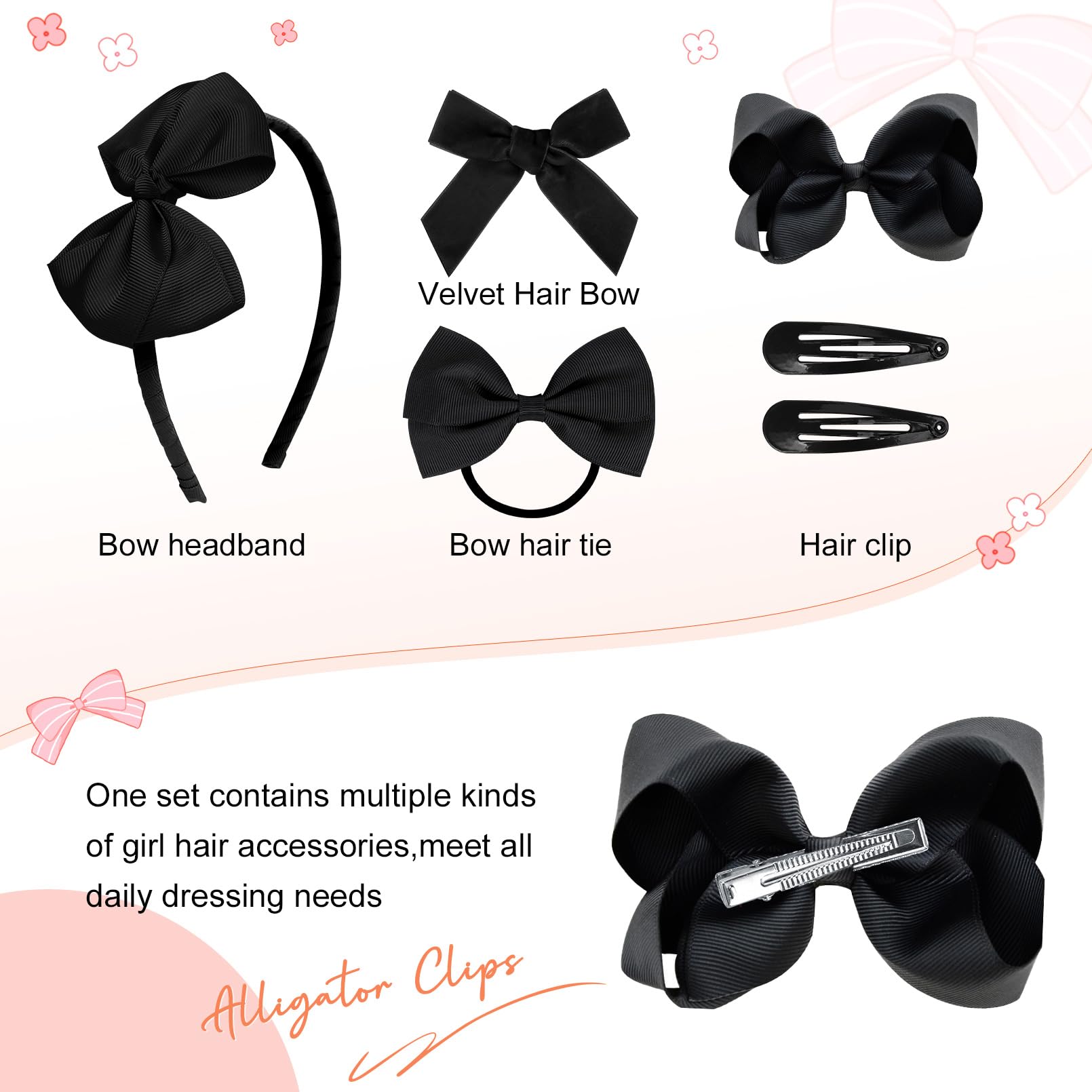 DEEKA 15-Piece Girls Hair Accessories Set - Black Hair Bows, Clips, Headband & Hair Ties for School, Parties & Everyday Wear